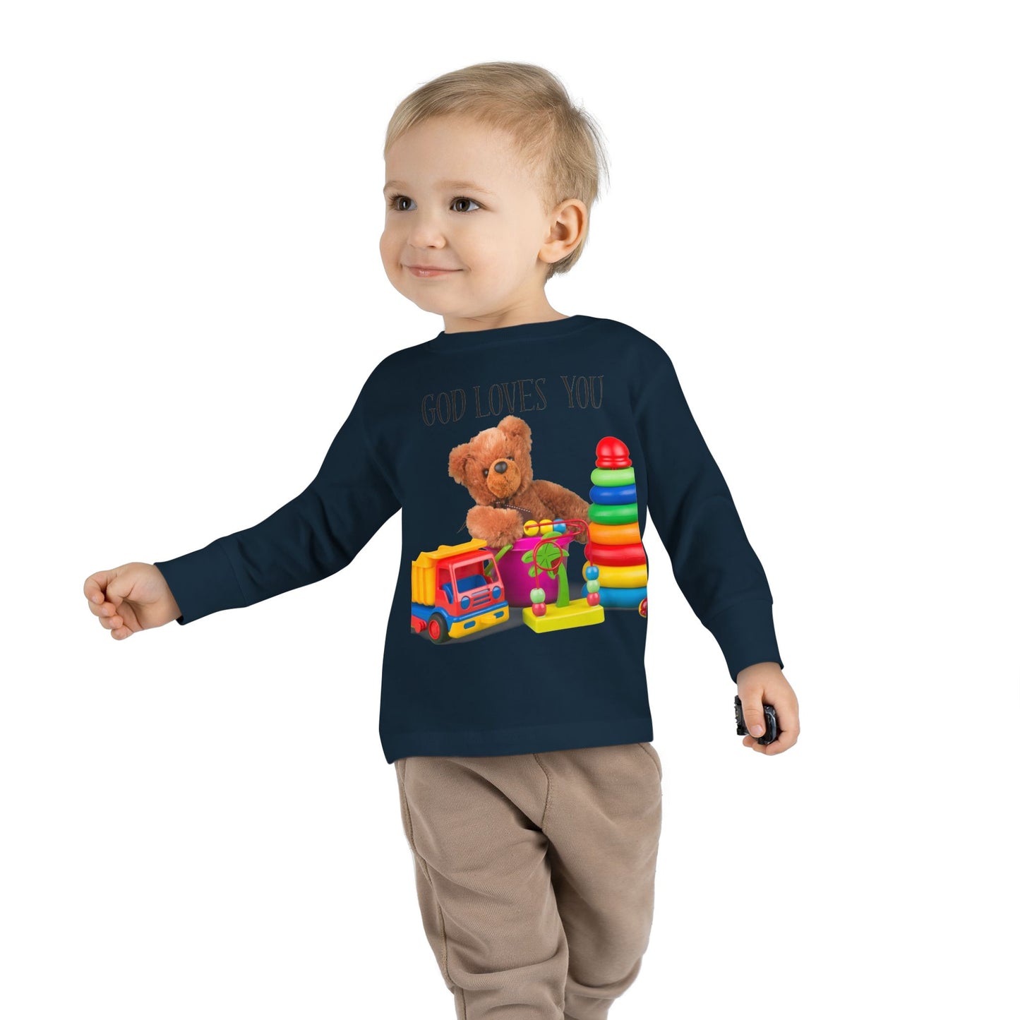 Toddler Long Sleeve Tee — Cute Toy Bear & Blocks Print