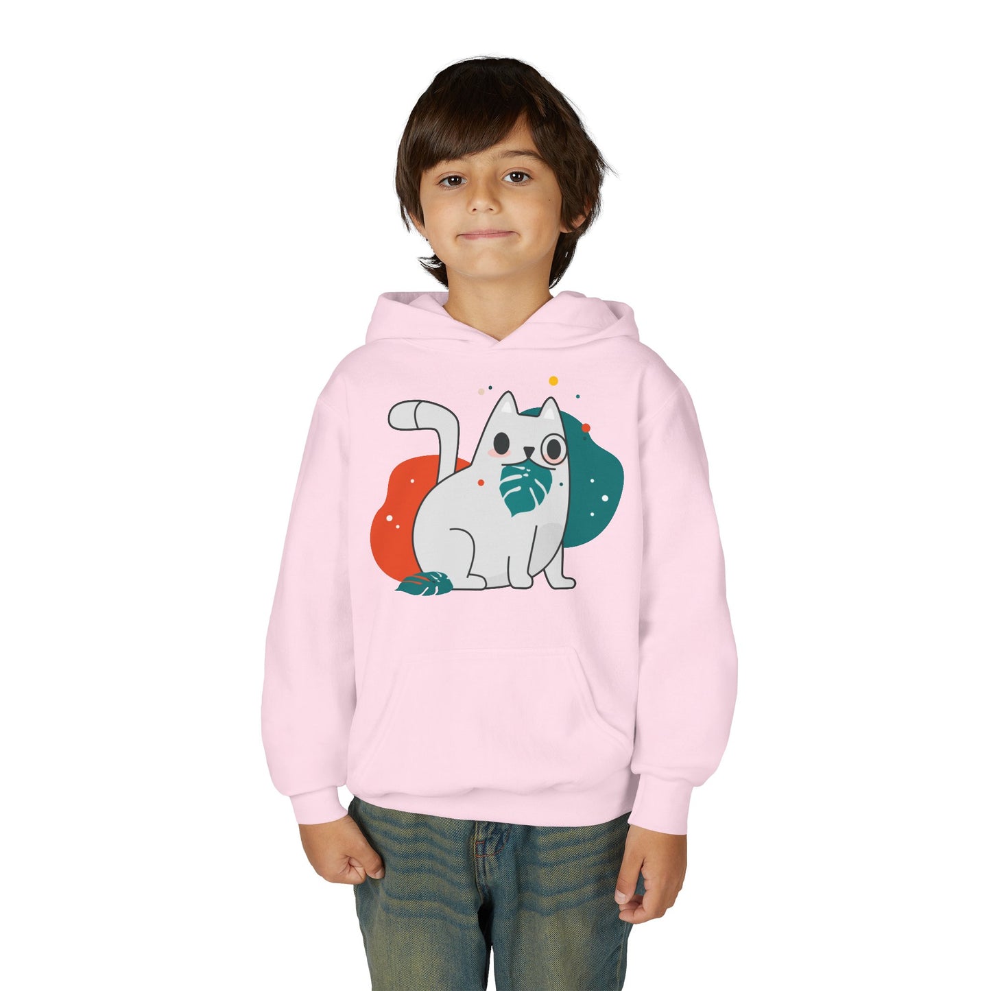 Kids Cute Cat Hoodie — Playful White Cat with Yarn Graphic