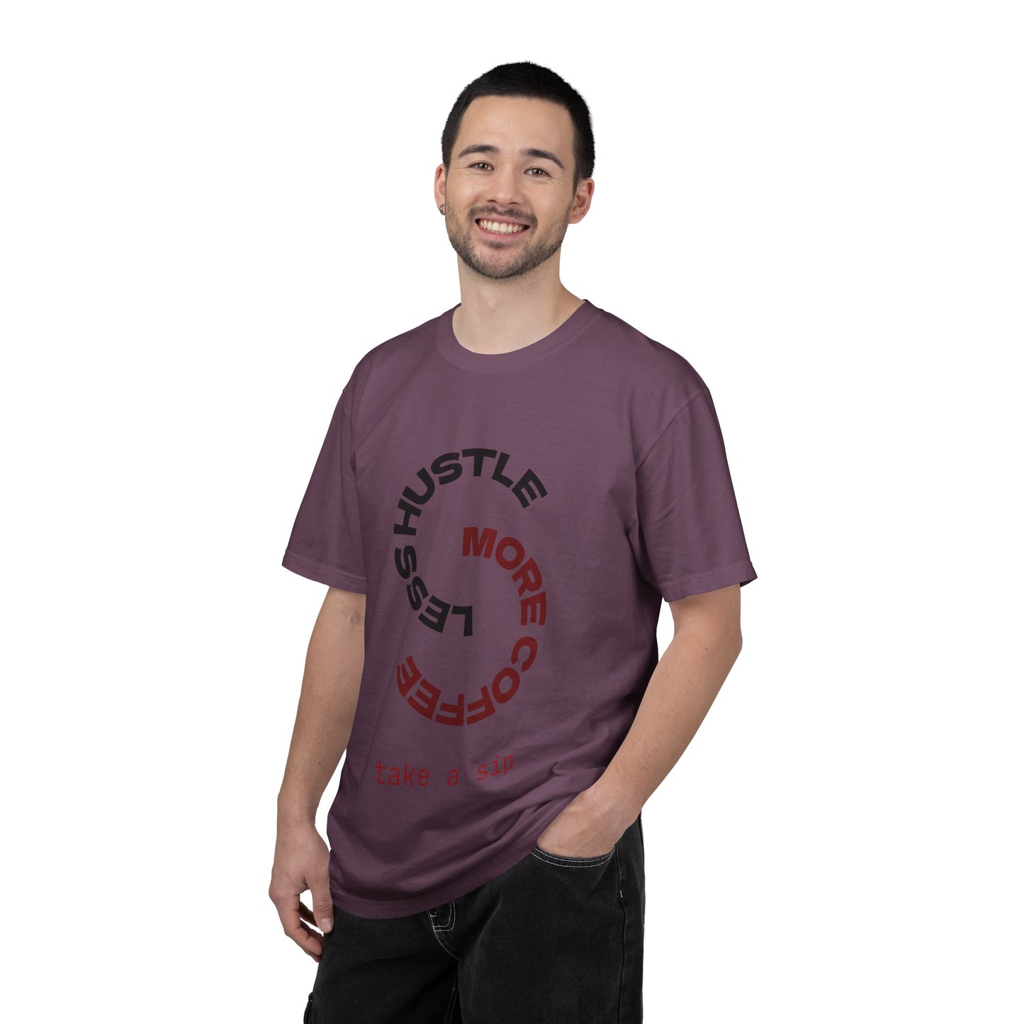 Coffee Hustle T-Shirt — “More Coffee, Less Hustle” Graphic Tee (Take a Sip)