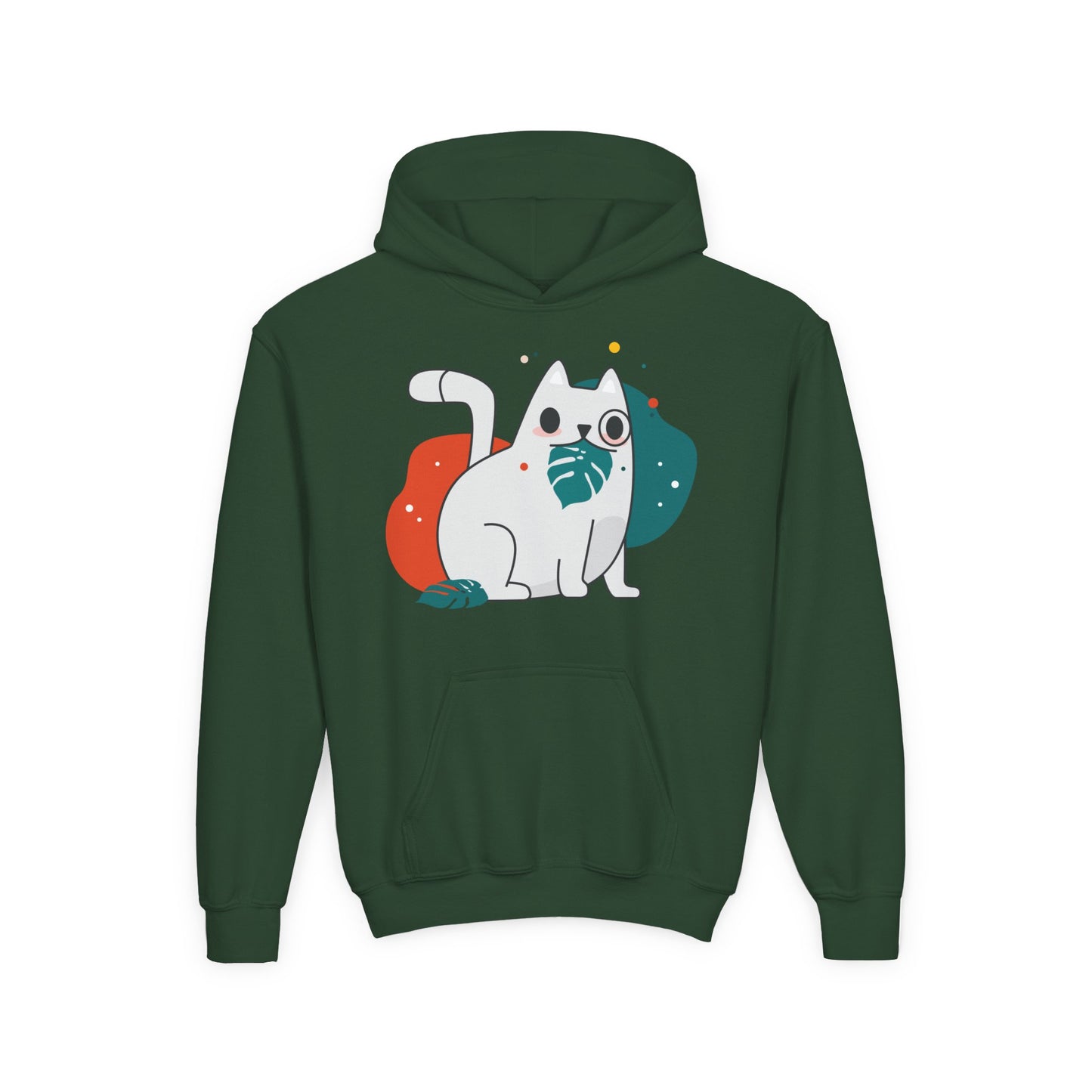 Kids Cute Cat Hoodie — Playful White Cat with Yarn Graphic