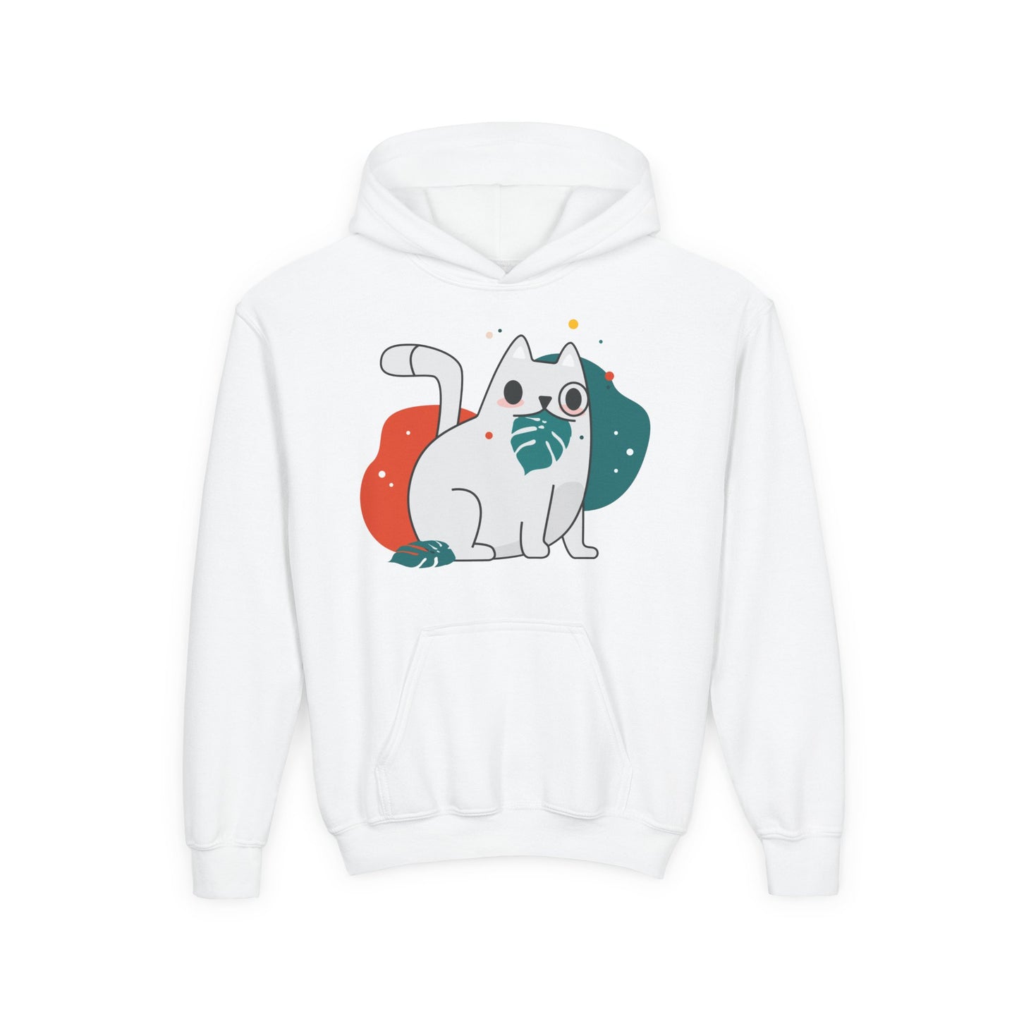 Kids Cute Cat Hoodie — Playful White Cat with Yarn Graphic