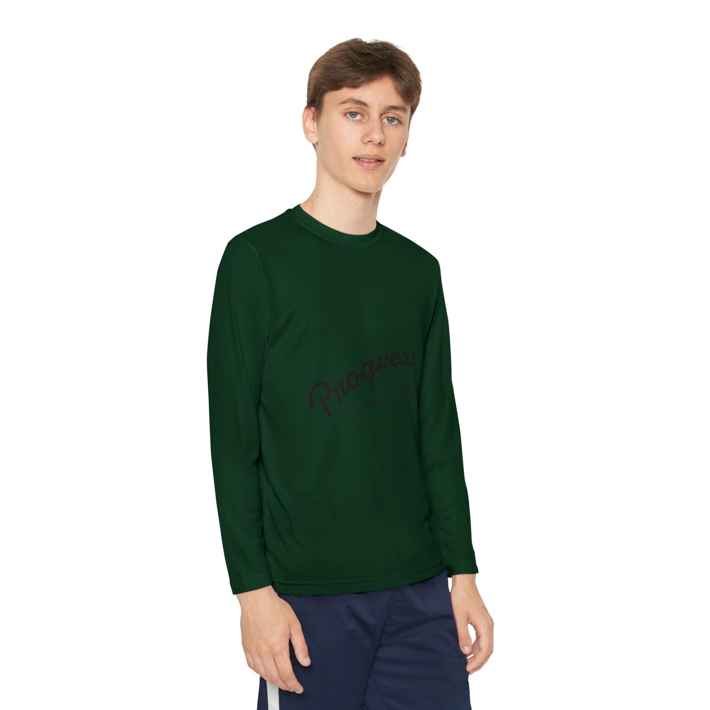 Youth Long Sleeve Tee — "Progress Over Perfection" Motivational Shirt