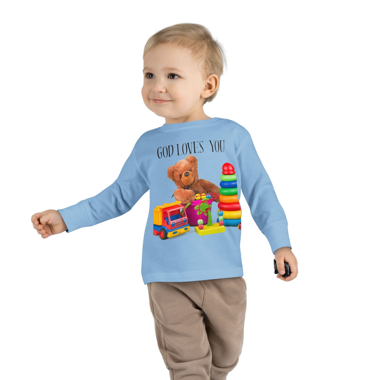 Toddler Long Sleeve Tee — Cute Toy Bear & Blocks Print