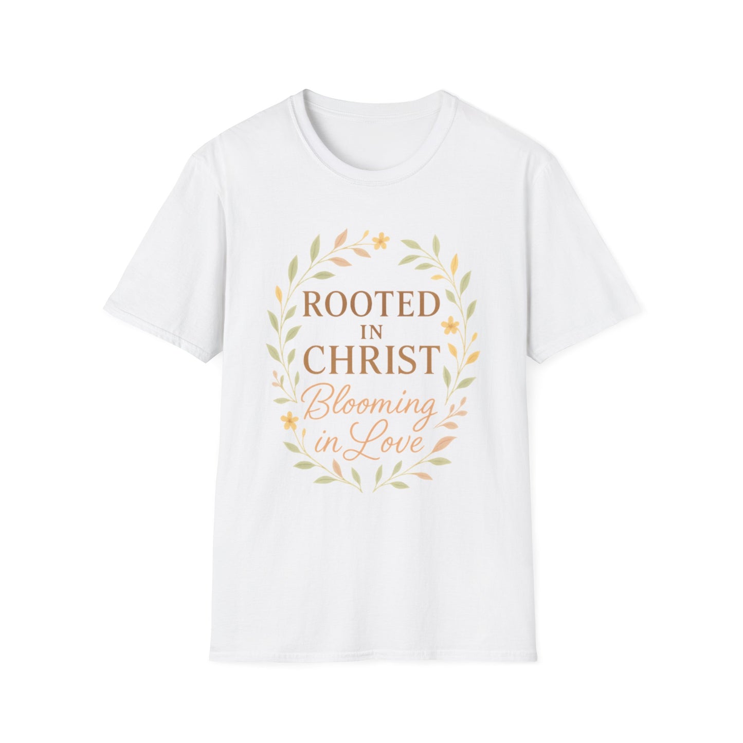 + 1 Rooted in Christ Unisex T-Shirt, Faith-Based Apparel, Inspirational Clothing, Christian Gift, Casual Everyday Wear, Blooming in Love