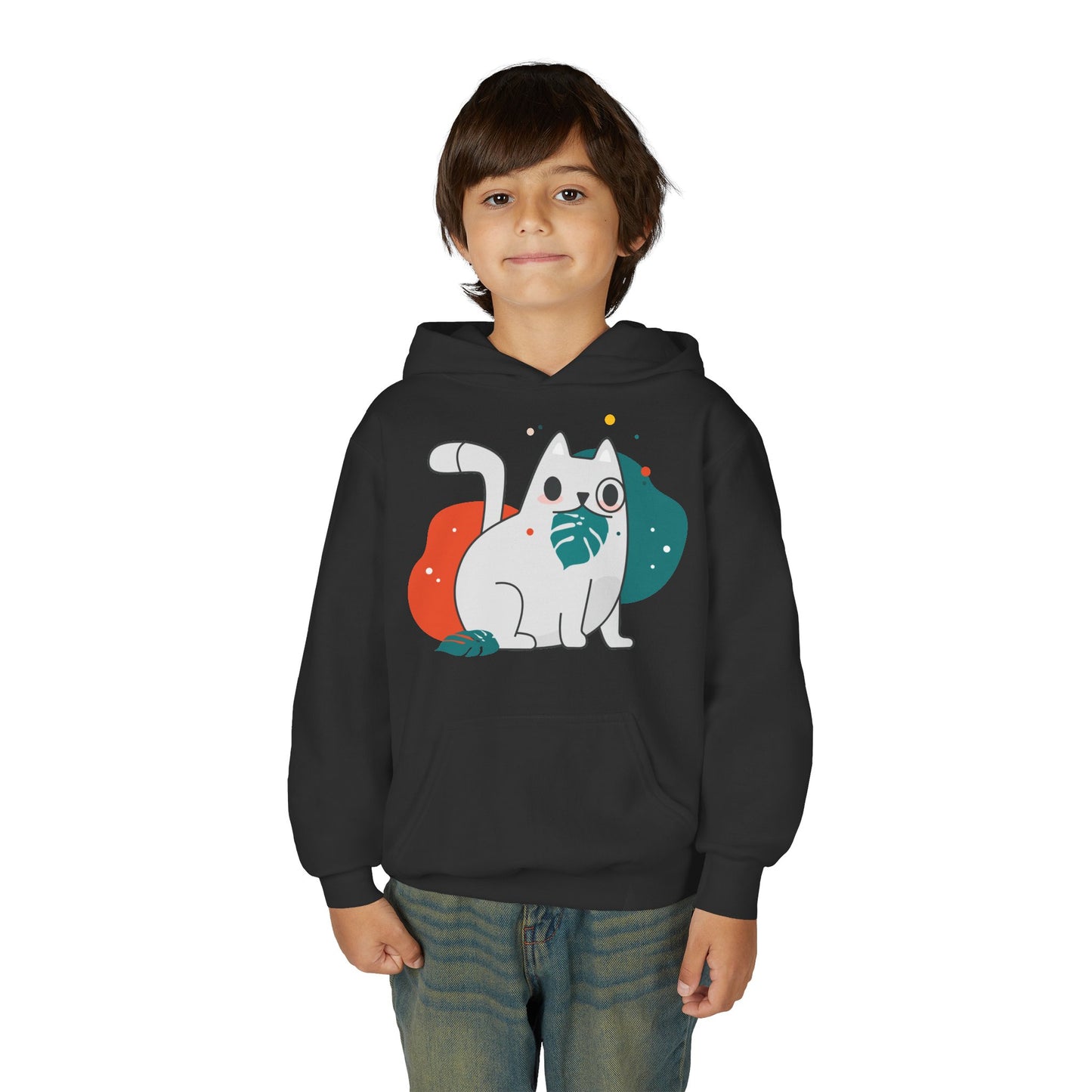 Kids Cute Cat Hoodie — Playful White Cat with Yarn Graphic