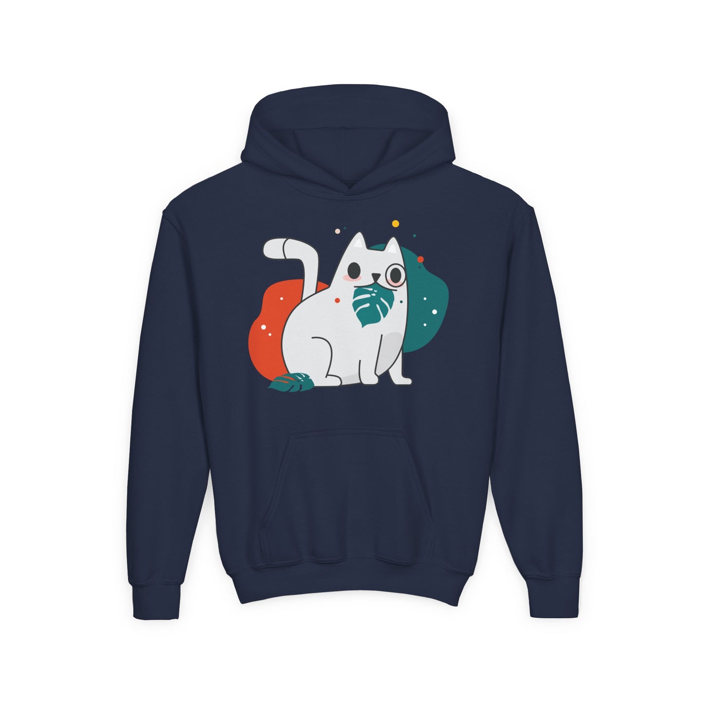 Kids Cute Cat Hoodie — Playful White Cat with Yarn Graphic