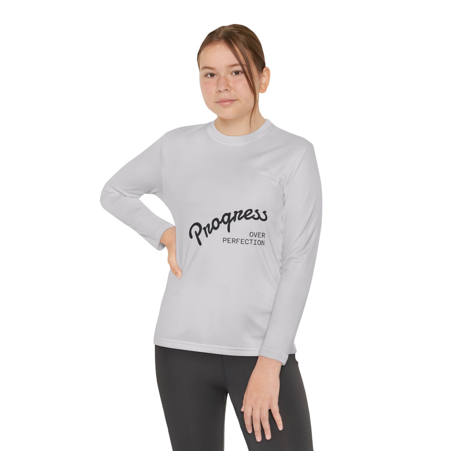 Youth Long Sleeve Tee — "Progress Over Perfection" Motivational Shirt