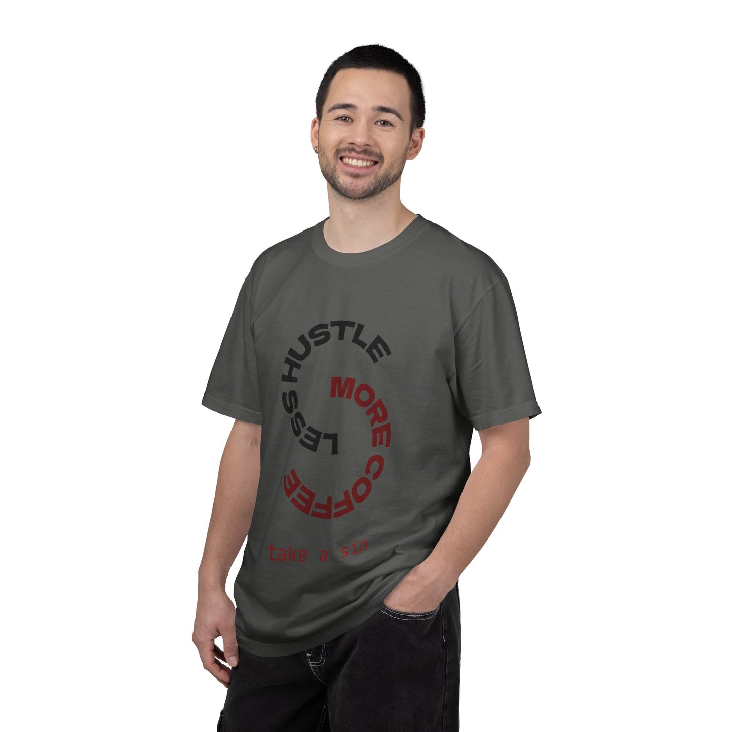 Coffee Hustle T-Shirt — “More Coffee, Less Hustle” Graphic Tee (Take a Sip)