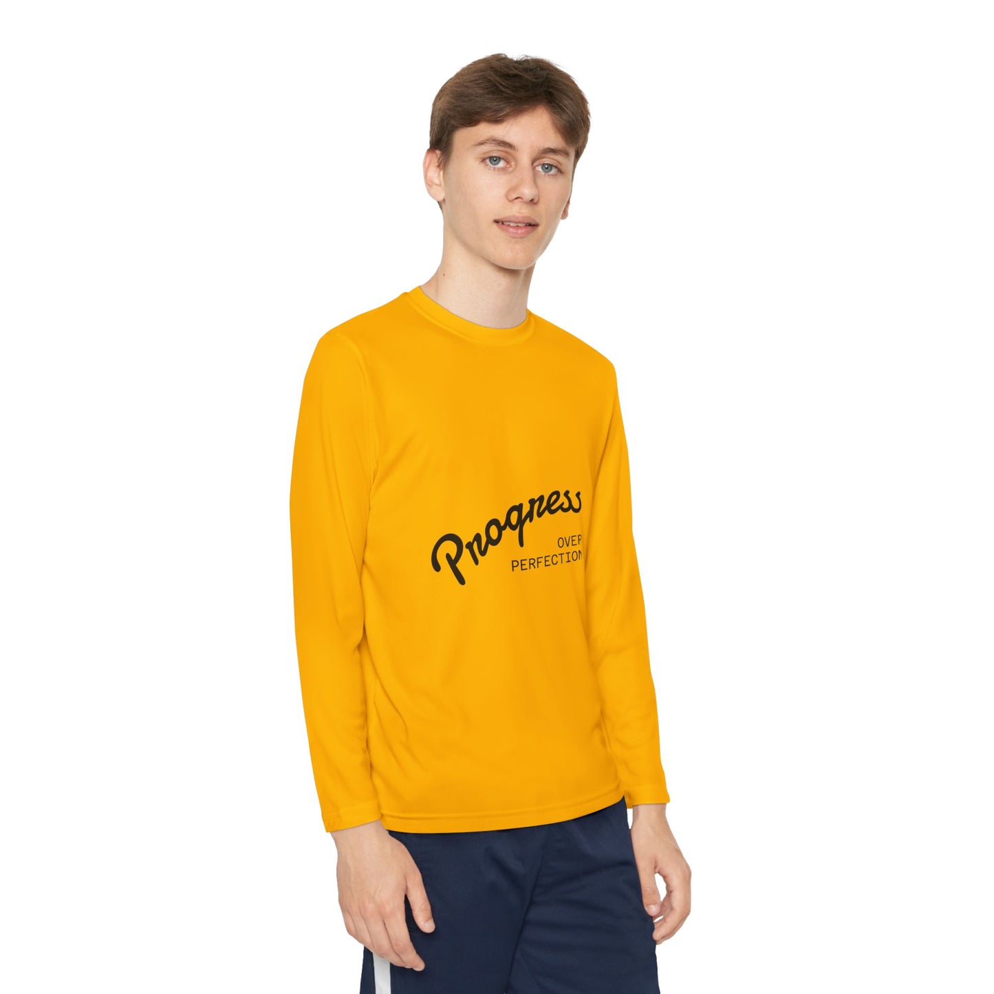 Youth Long Sleeve Tee — "Progress Over Perfection" Motivational Shirt