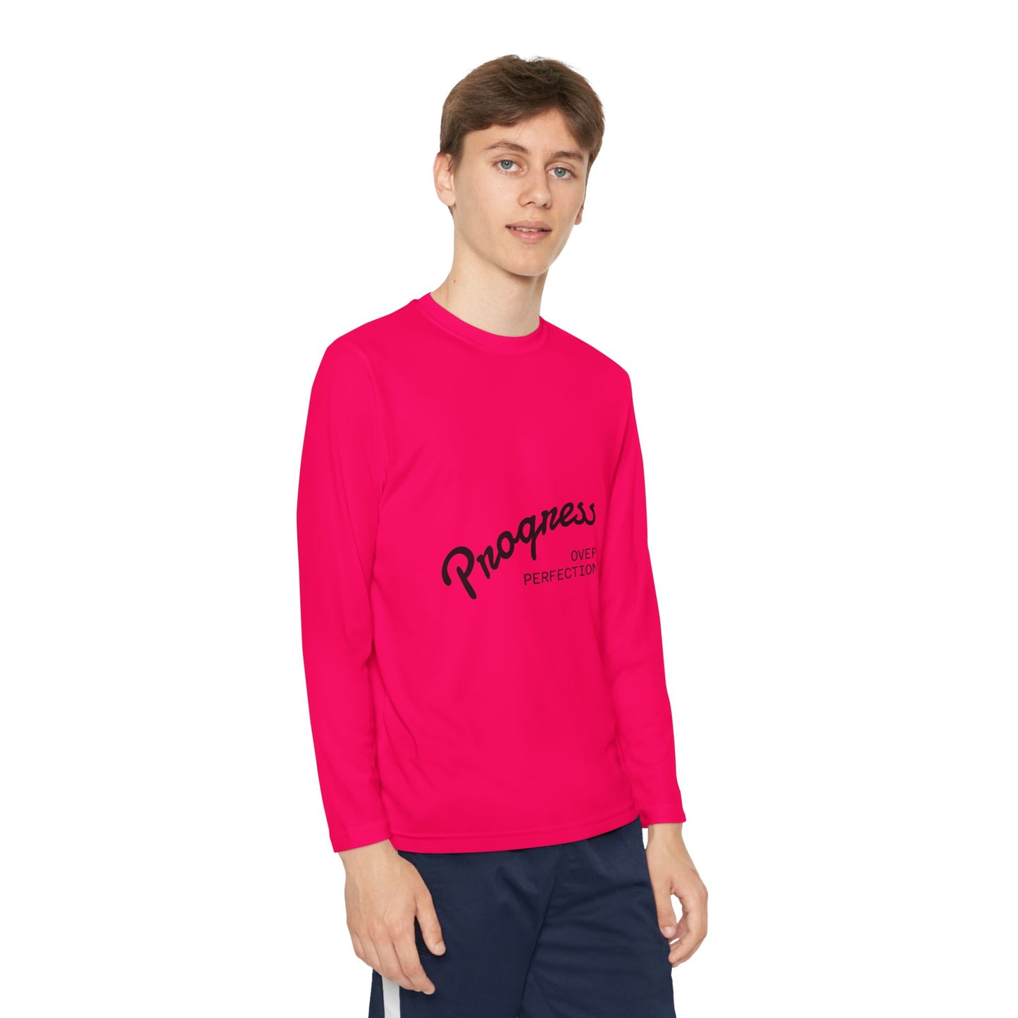Youth Long Sleeve Tee — "Progress Over Perfection" Motivational Shirt