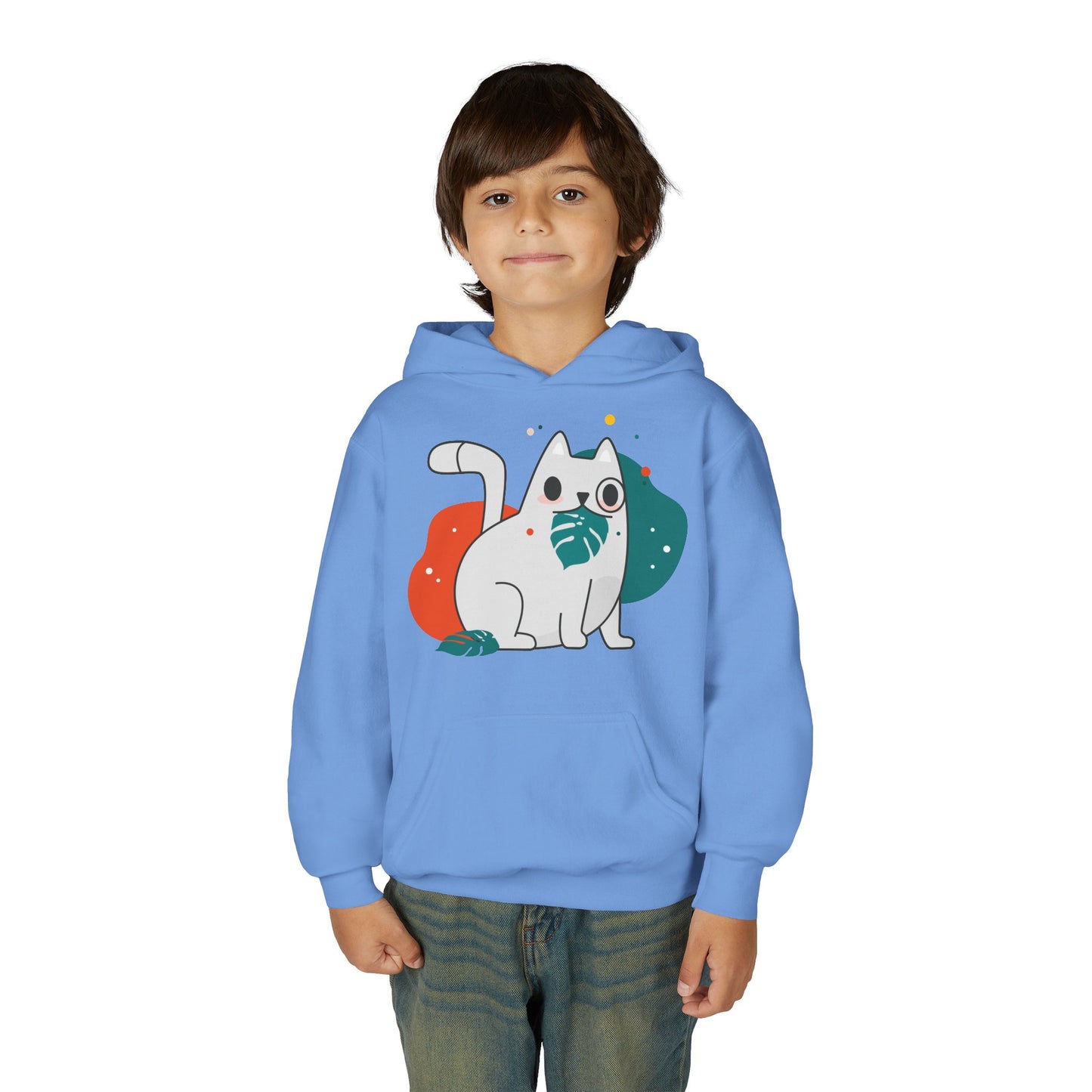 Kids Cute Cat Hoodie — Playful White Cat with Yarn Graphic