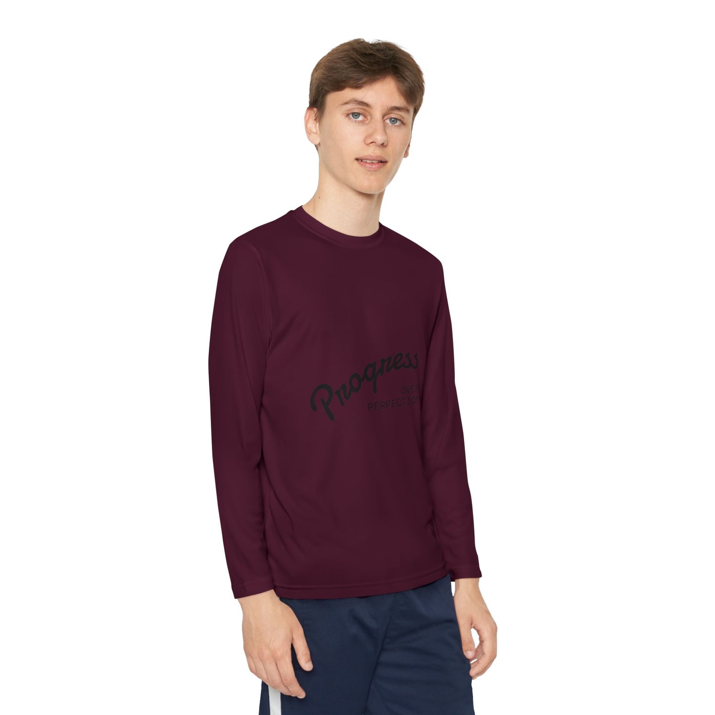 Youth Long Sleeve Tee — "Progress Over Perfection" Motivational Shirt