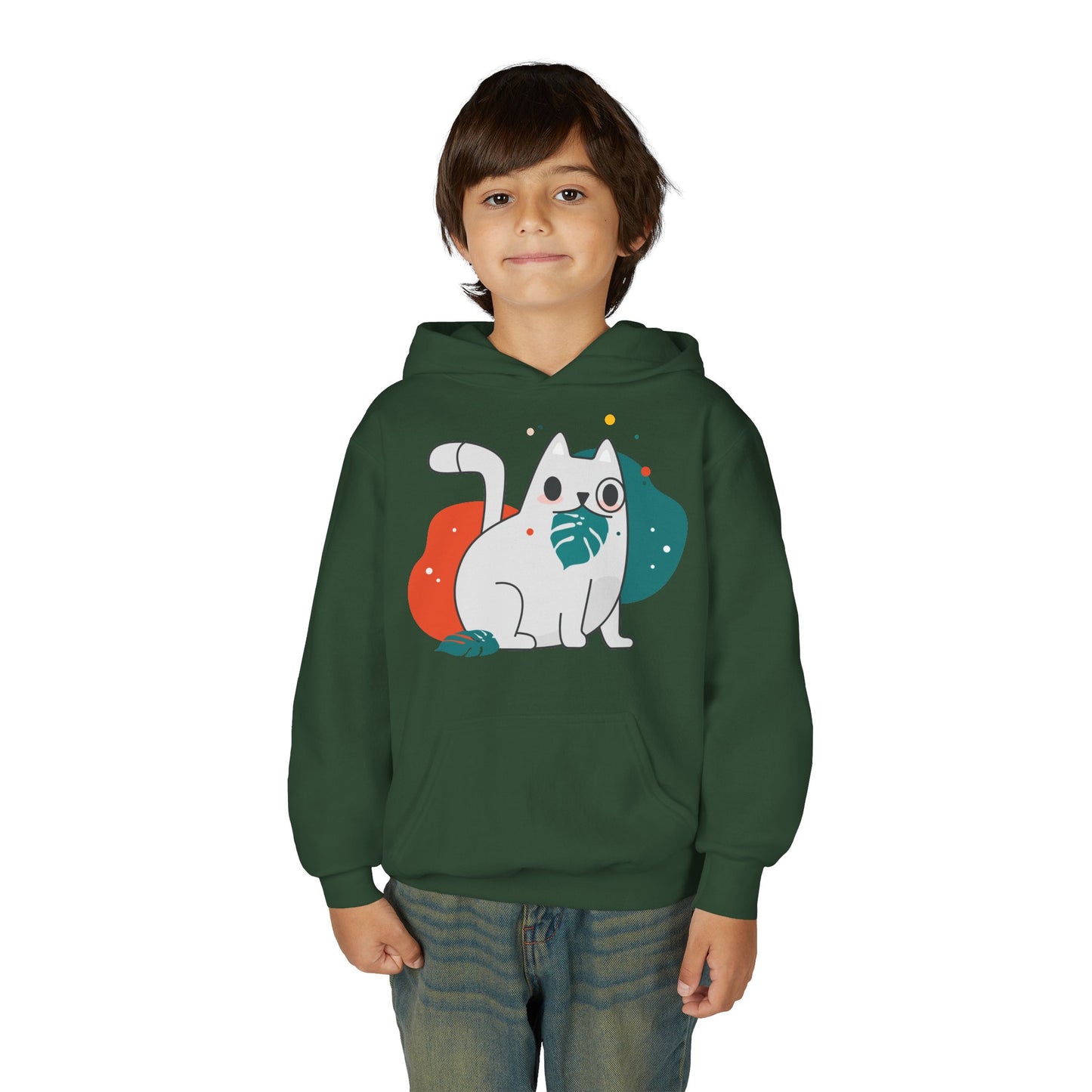 Kids Cute Cat Hoodie — Playful White Cat with Yarn Graphic