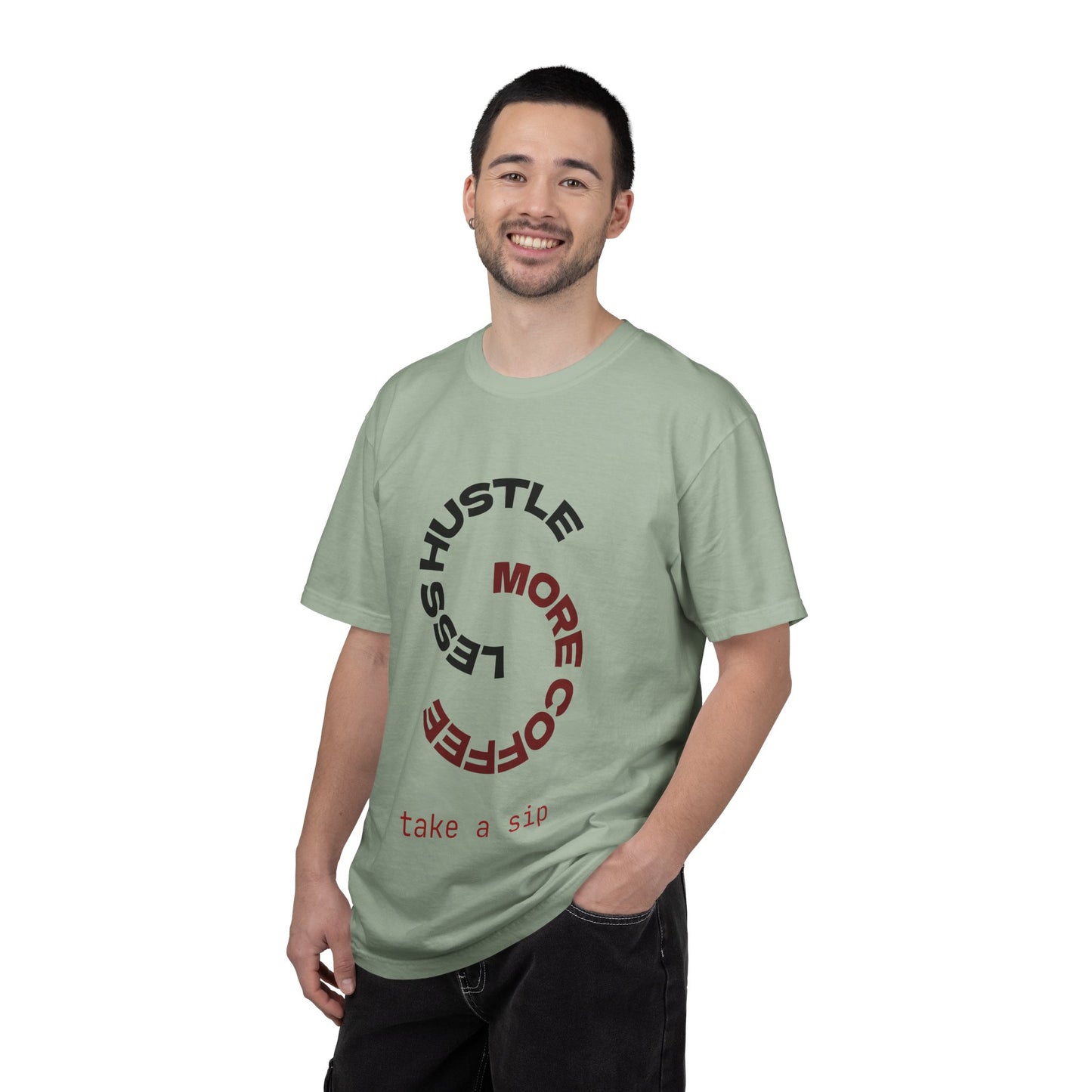 Coffee Hustle T-Shirt — “More Coffee, Less Hustle” Graphic Tee (Take a Sip)