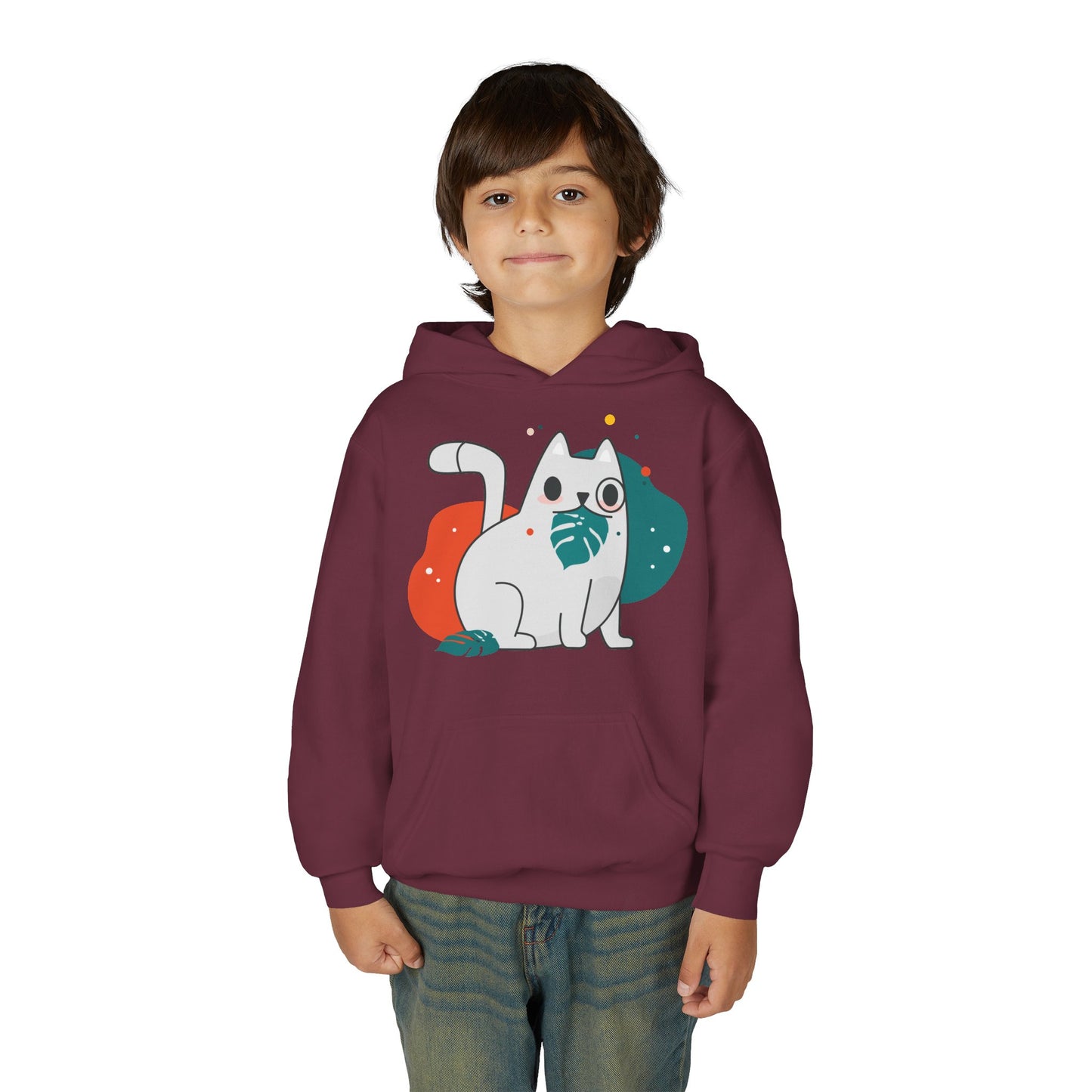 Kids Cute Cat Hoodie — Playful White Cat with Yarn Graphic