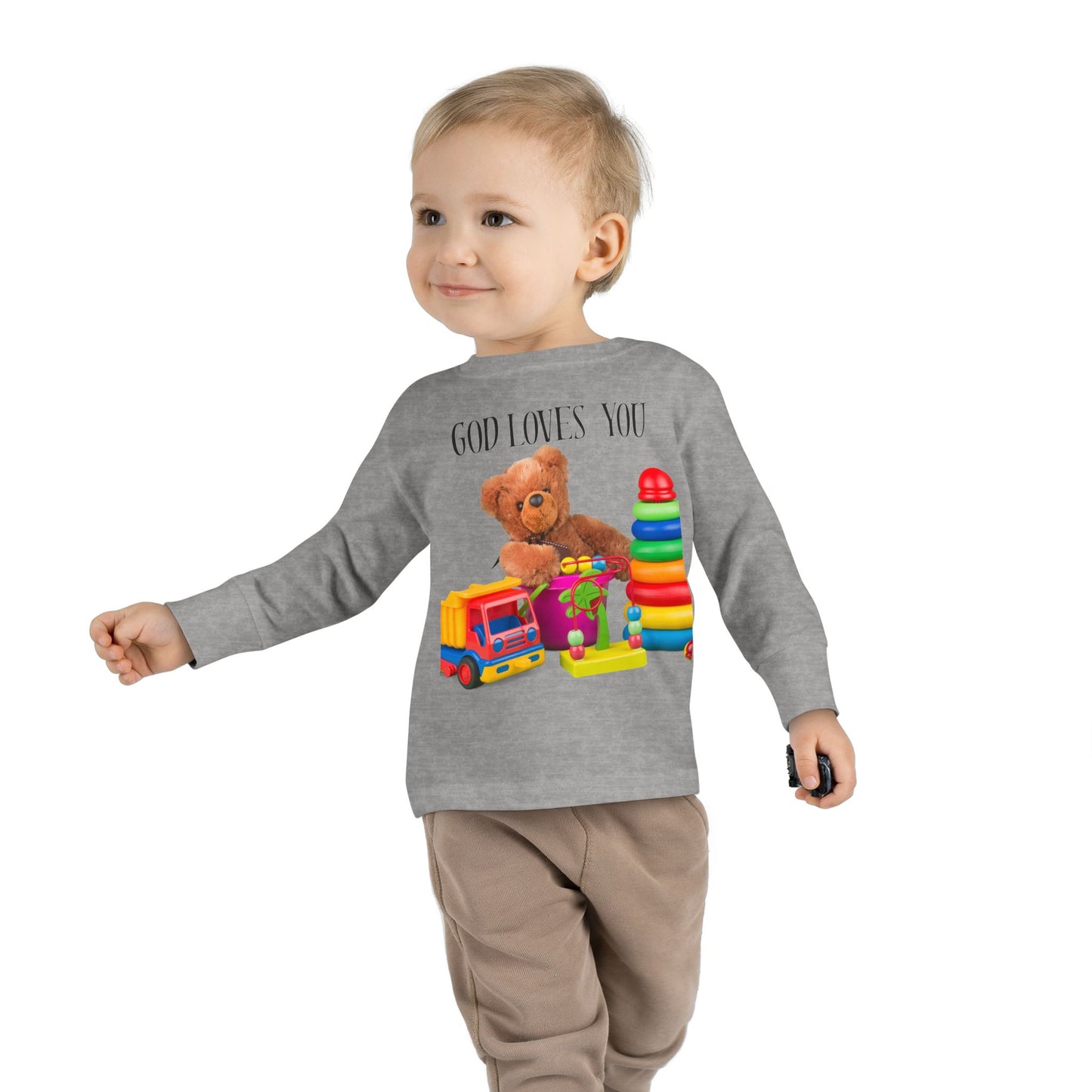 Toddler Long Sleeve Tee — Cute Toy Bear & Blocks Print