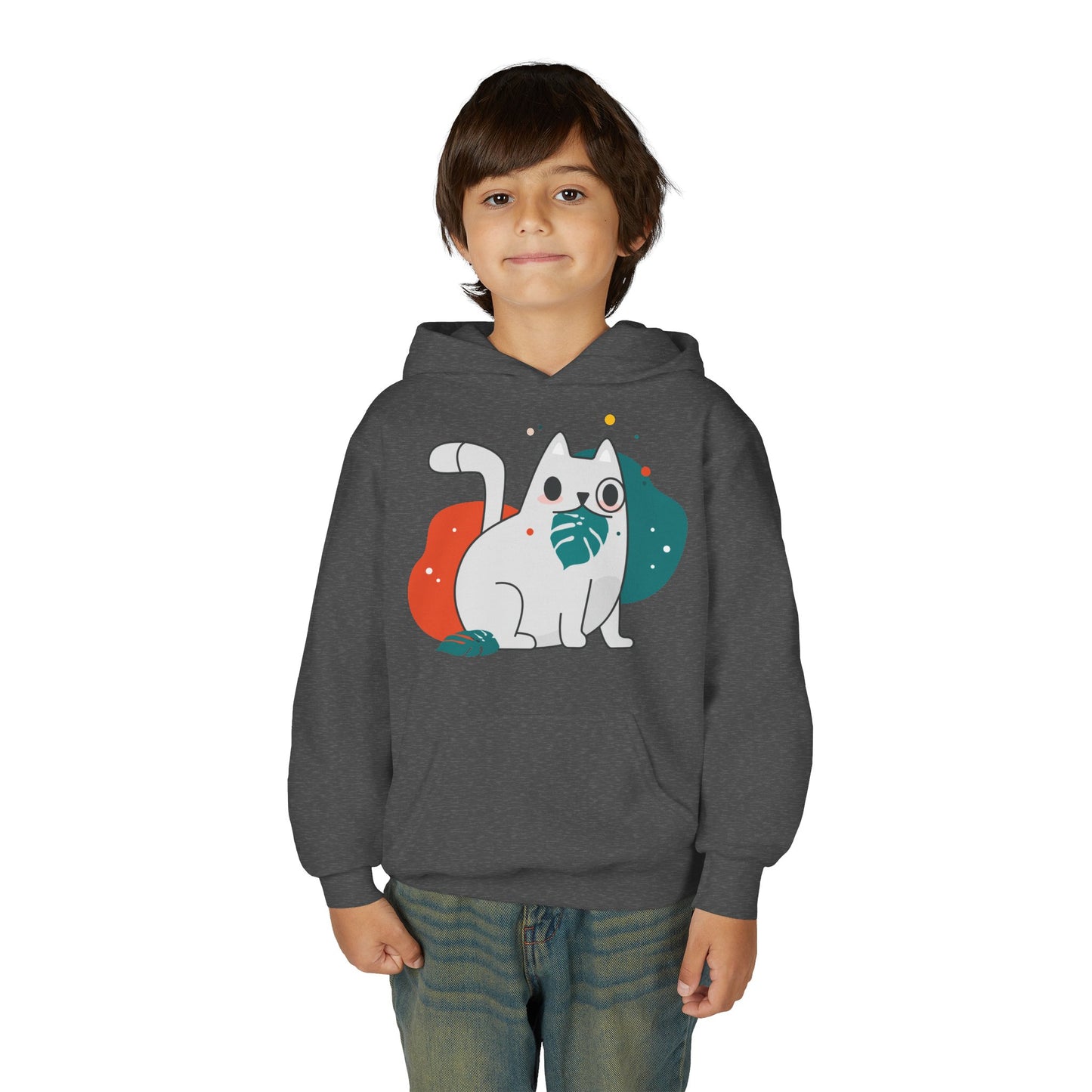 Kids Cute Cat Hoodie — Playful White Cat with Yarn Graphic