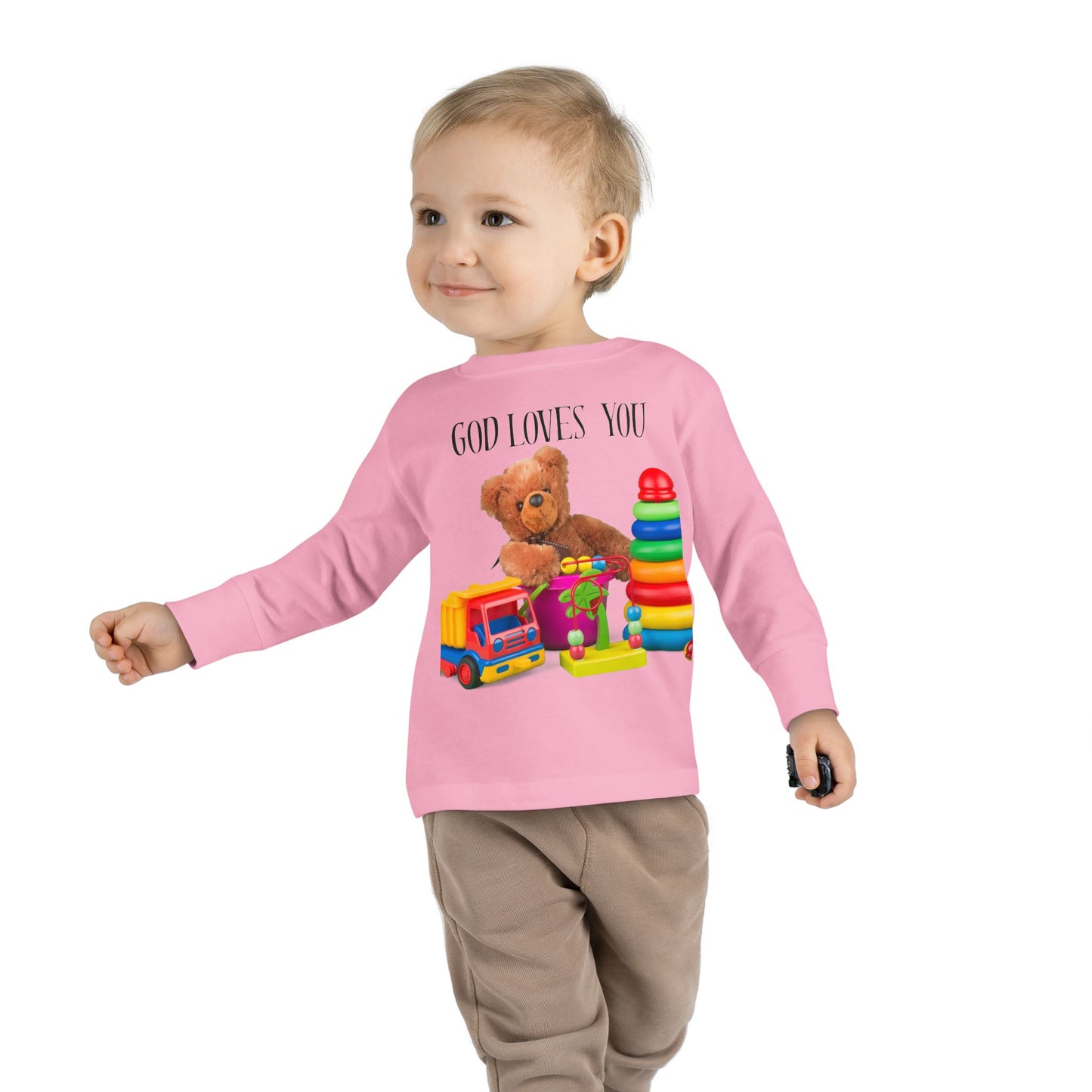 Toddler Long Sleeve Tee — Cute Toy Bear & Blocks Print