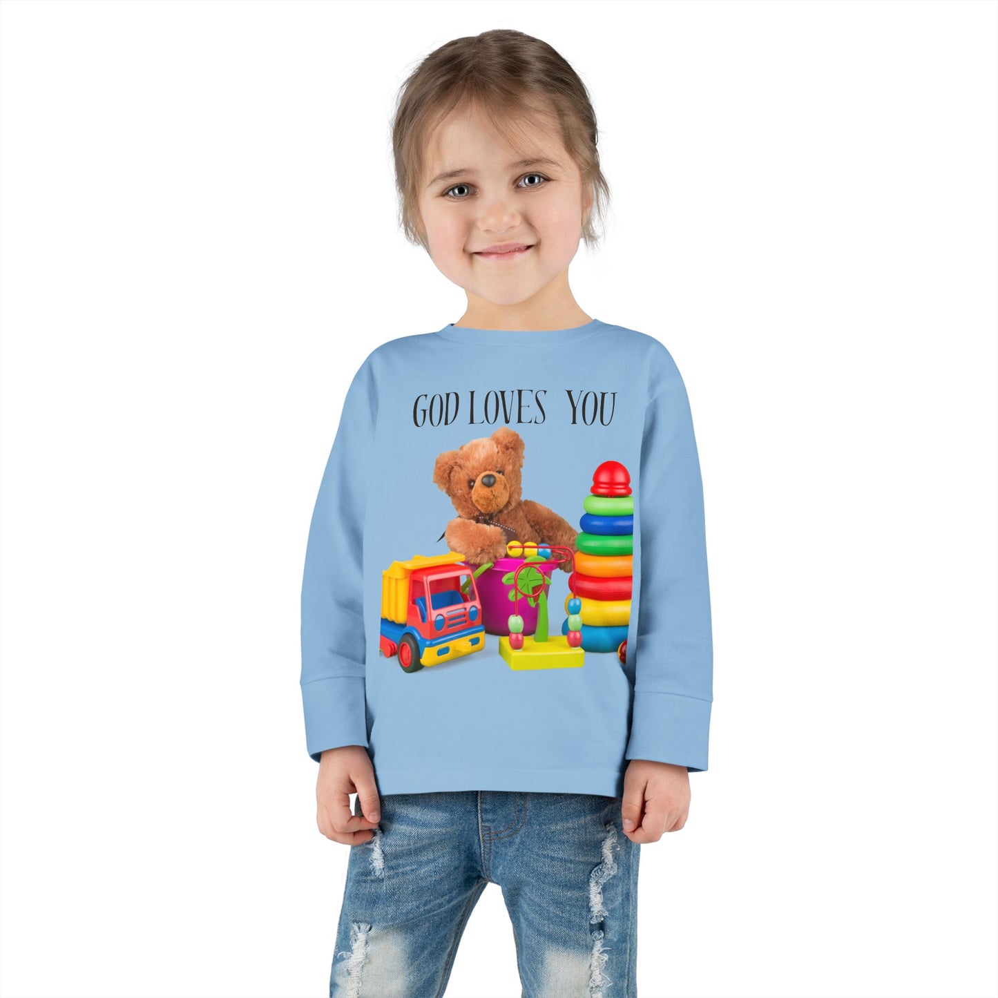 Toddler Long Sleeve Tee — Cute Toy Bear & Blocks Print