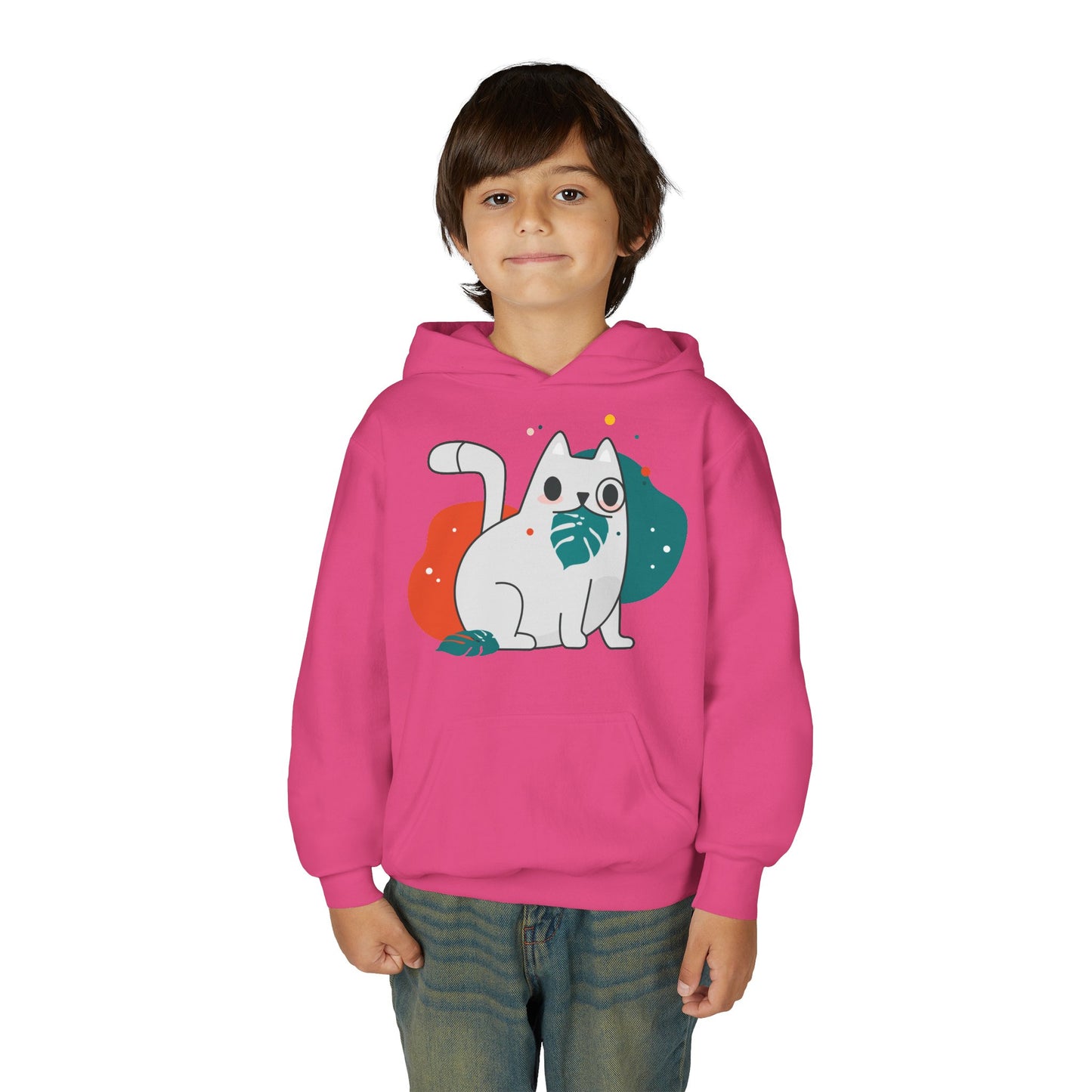Kids Cute Cat Hoodie — Playful White Cat with Yarn Graphic