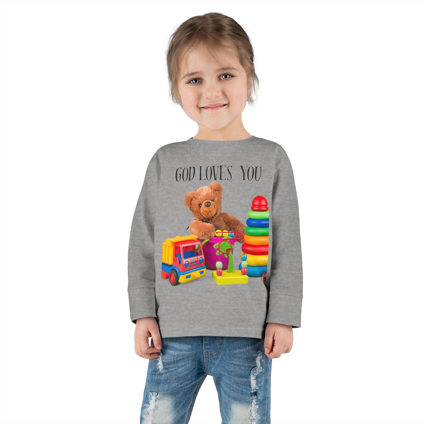 Toddler Long Sleeve Tee — Cute Toy Bear & Blocks Print