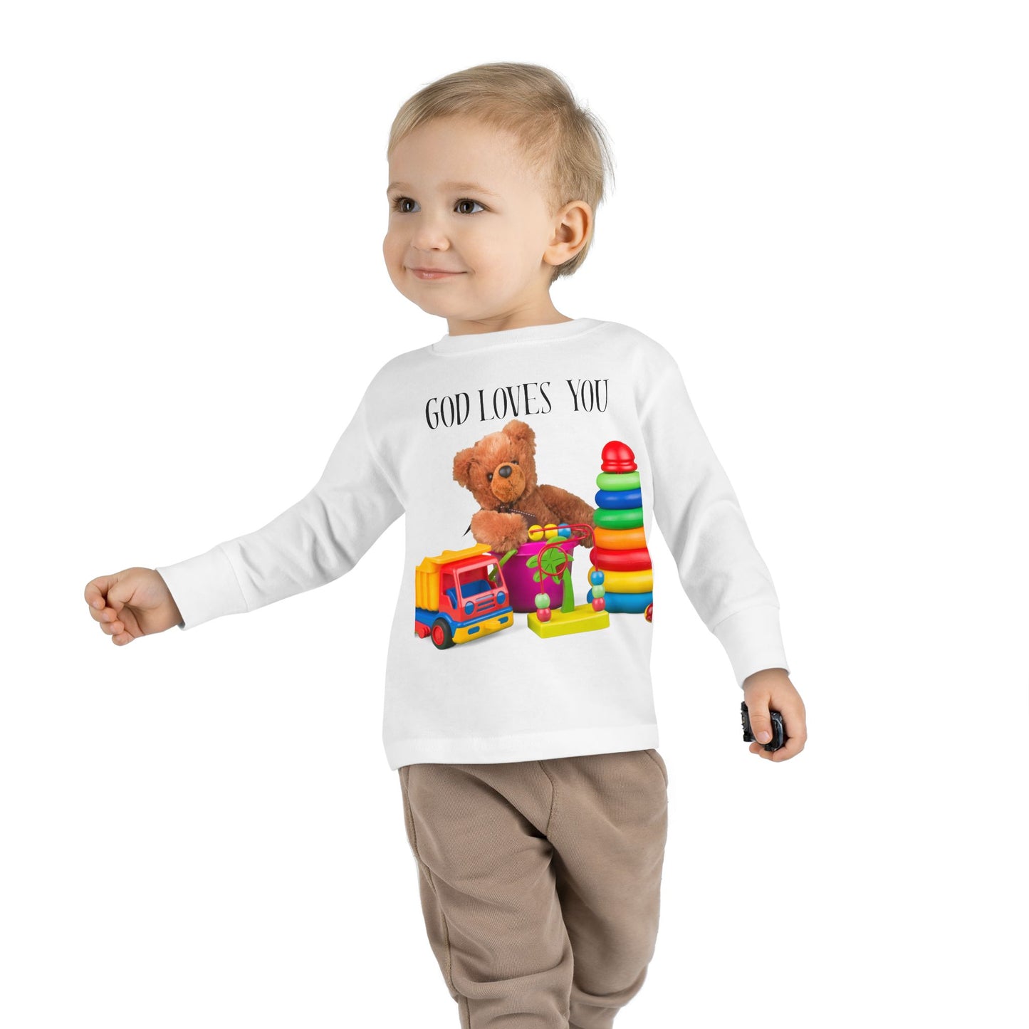 Toddler Long Sleeve Tee — Cute Toy Bear & Blocks Print
