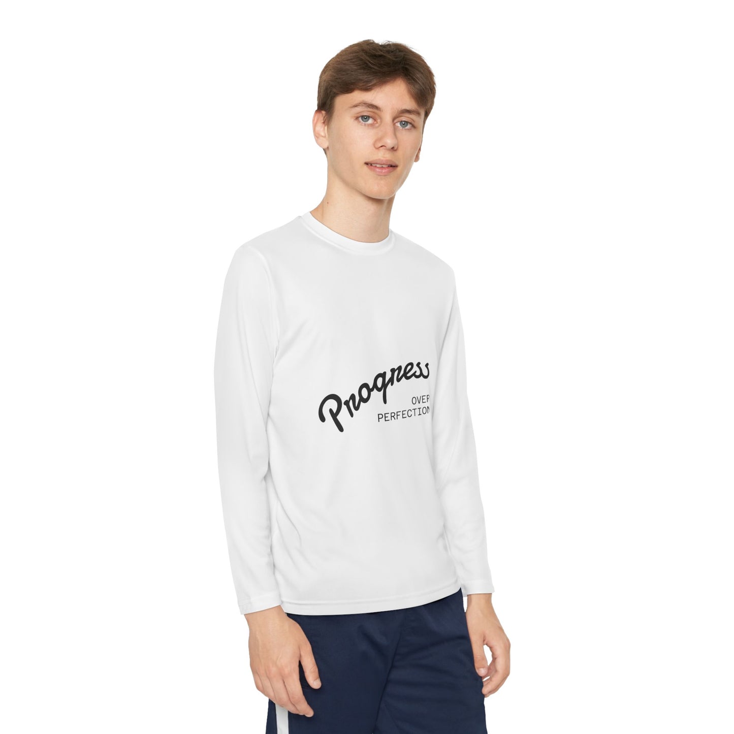 Youth Long Sleeve Tee — "Progress Over Perfection" Motivational Shirt