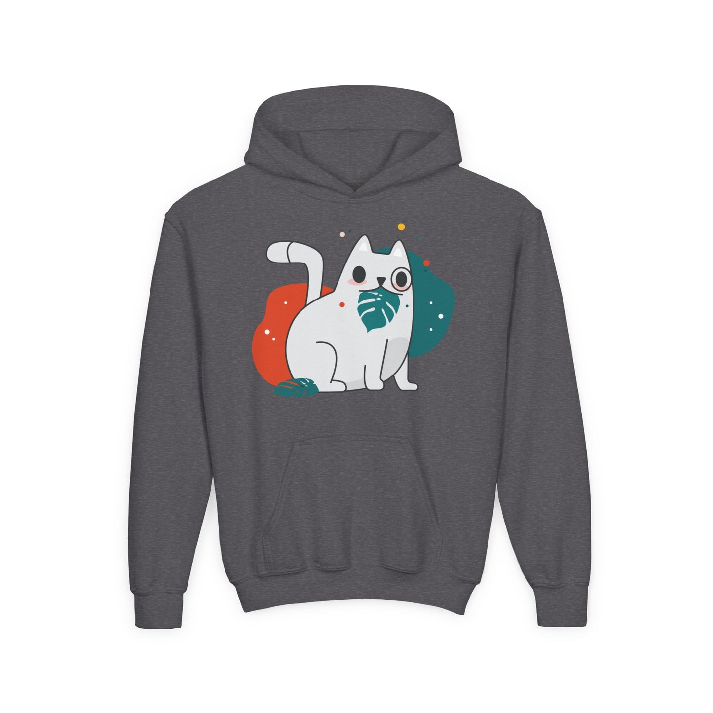 Kids Cute Cat Hoodie — Playful White Cat with Yarn Graphic