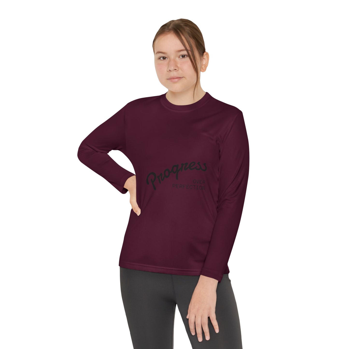 Youth Long Sleeve Tee — "Progress Over Perfection" Motivational Shirt