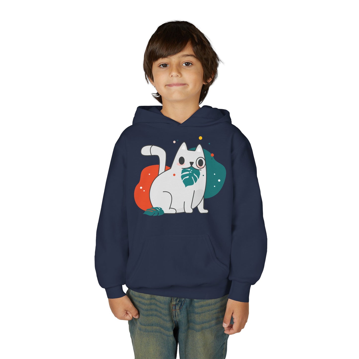 Kids Cute Cat Hoodie — Playful White Cat with Yarn Graphic