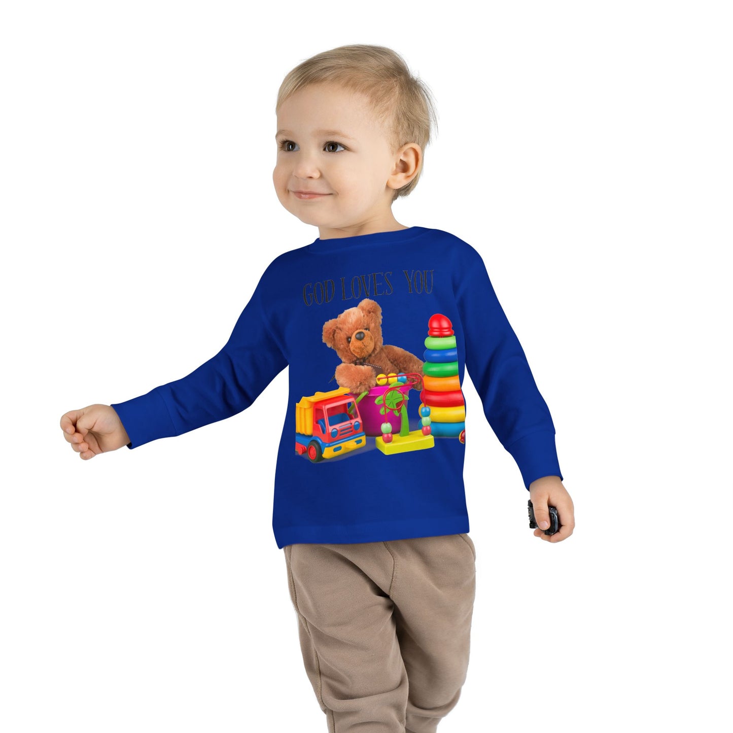 Toddler Long Sleeve Tee — Cute Toy Bear & Blocks Print