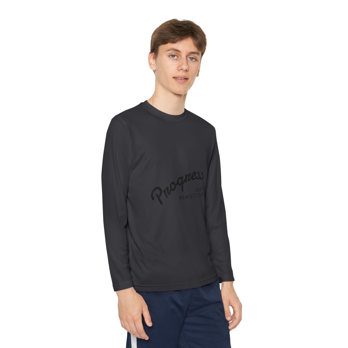 Youth Long Sleeve Tee — "Progress Over Perfection" Motivational Shirt