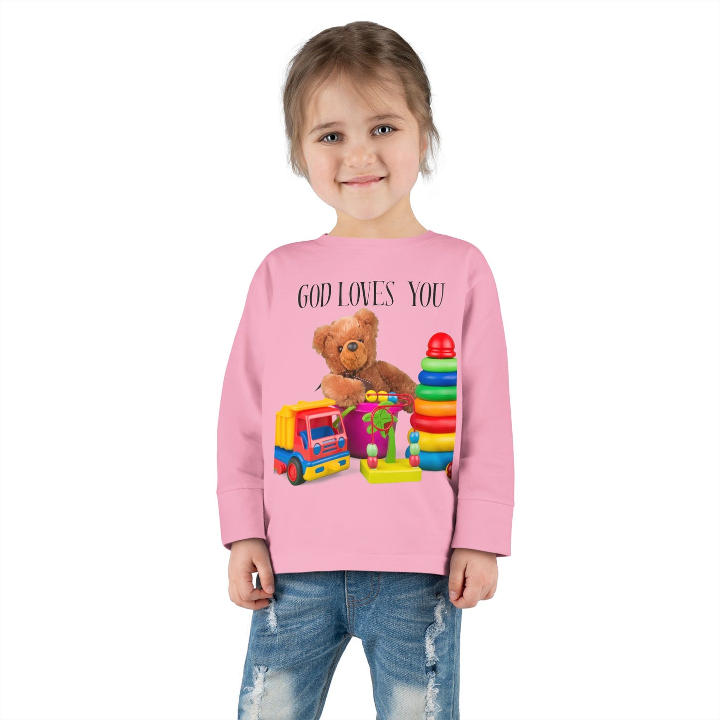 Toddler Long Sleeve Tee — Cute Toy Bear & Blocks Print