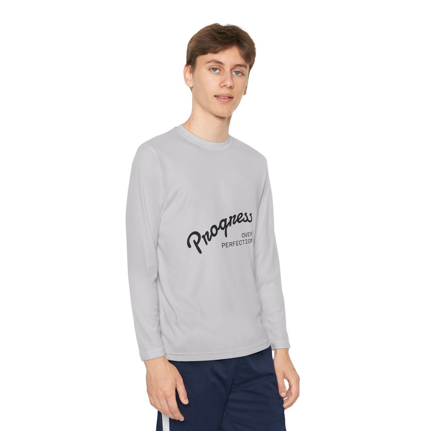 Youth Long Sleeve Tee — "Progress Over Perfection" Motivational Shirt