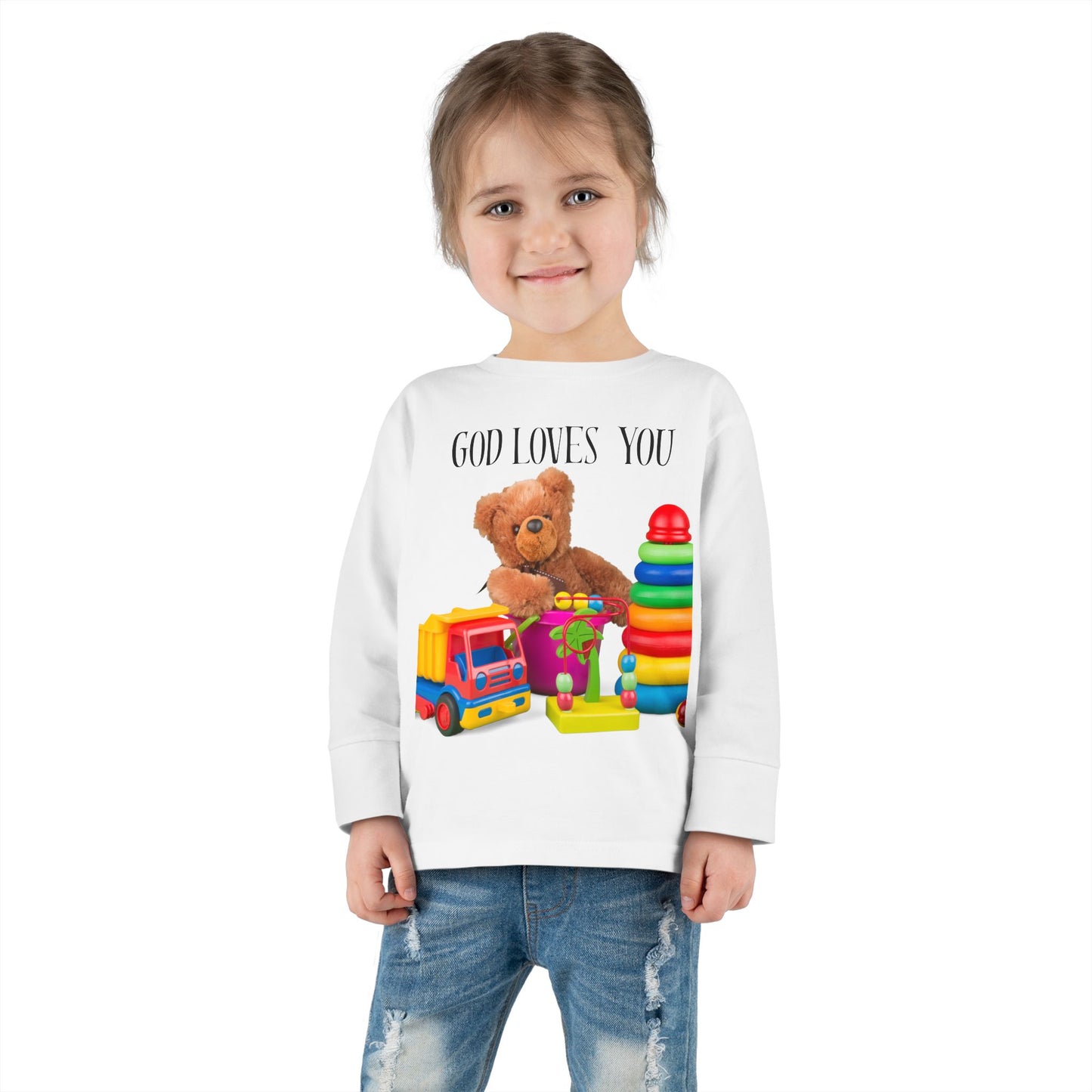 Toddler Long Sleeve Tee — Cute Toy Bear & Blocks Print