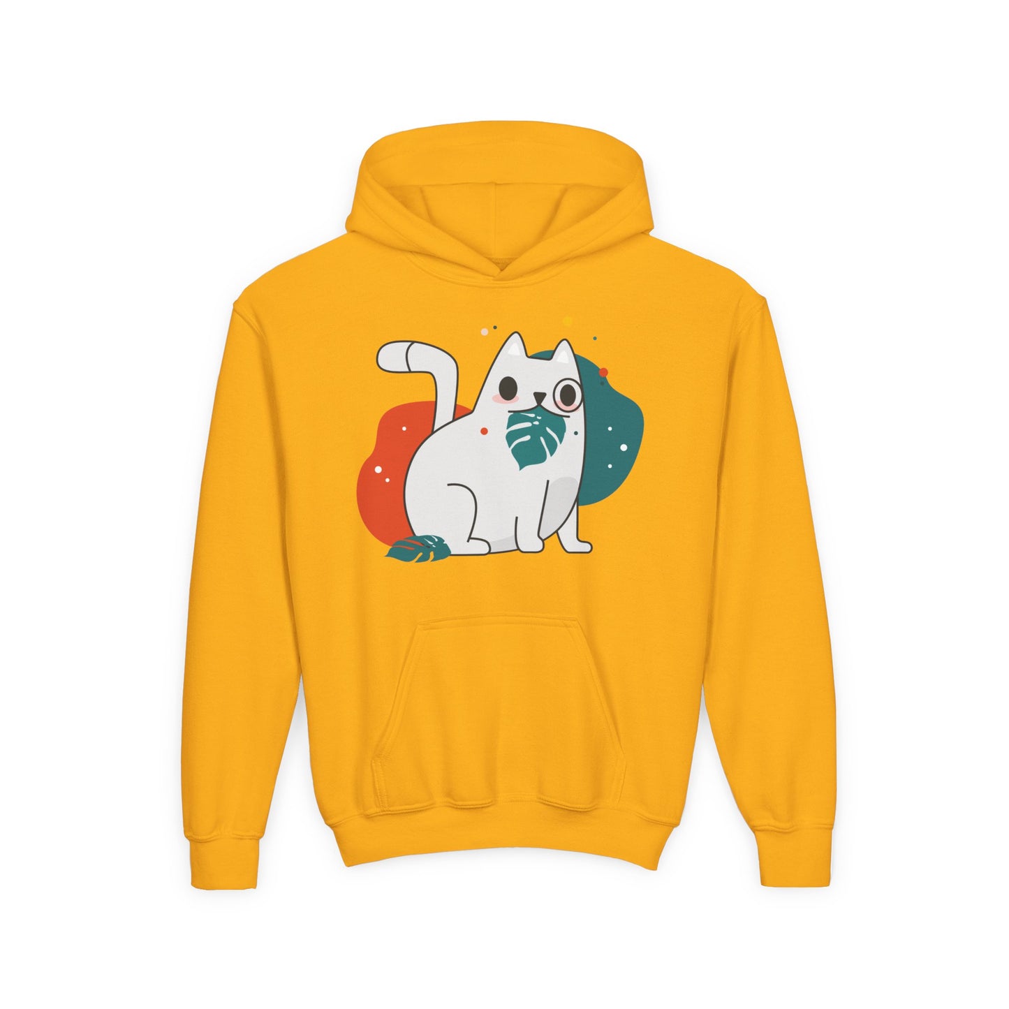 Kids Cute Cat Hoodie — Playful White Cat with Yarn Graphic