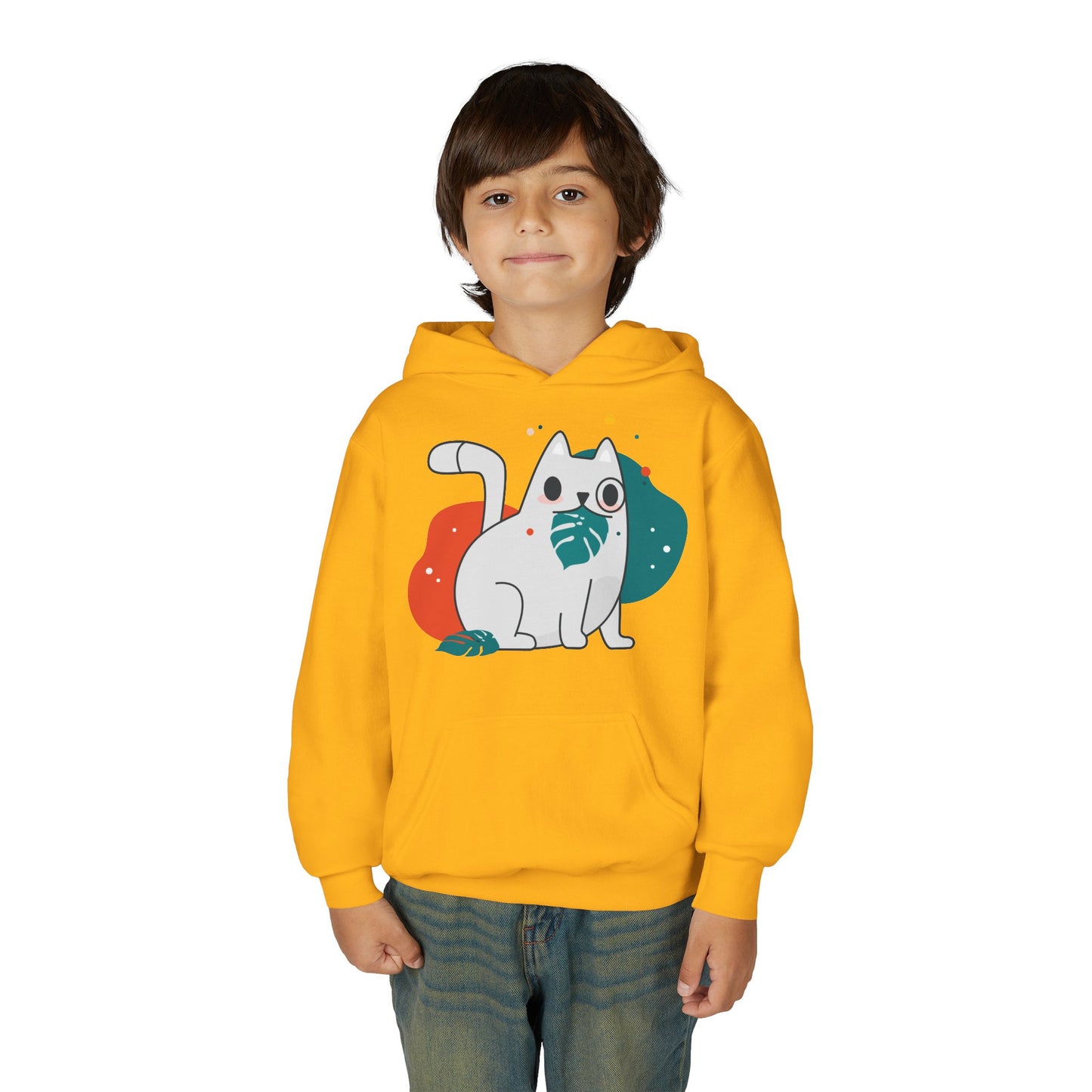 Kids Cute Cat Hoodie — Playful White Cat with Yarn Graphic