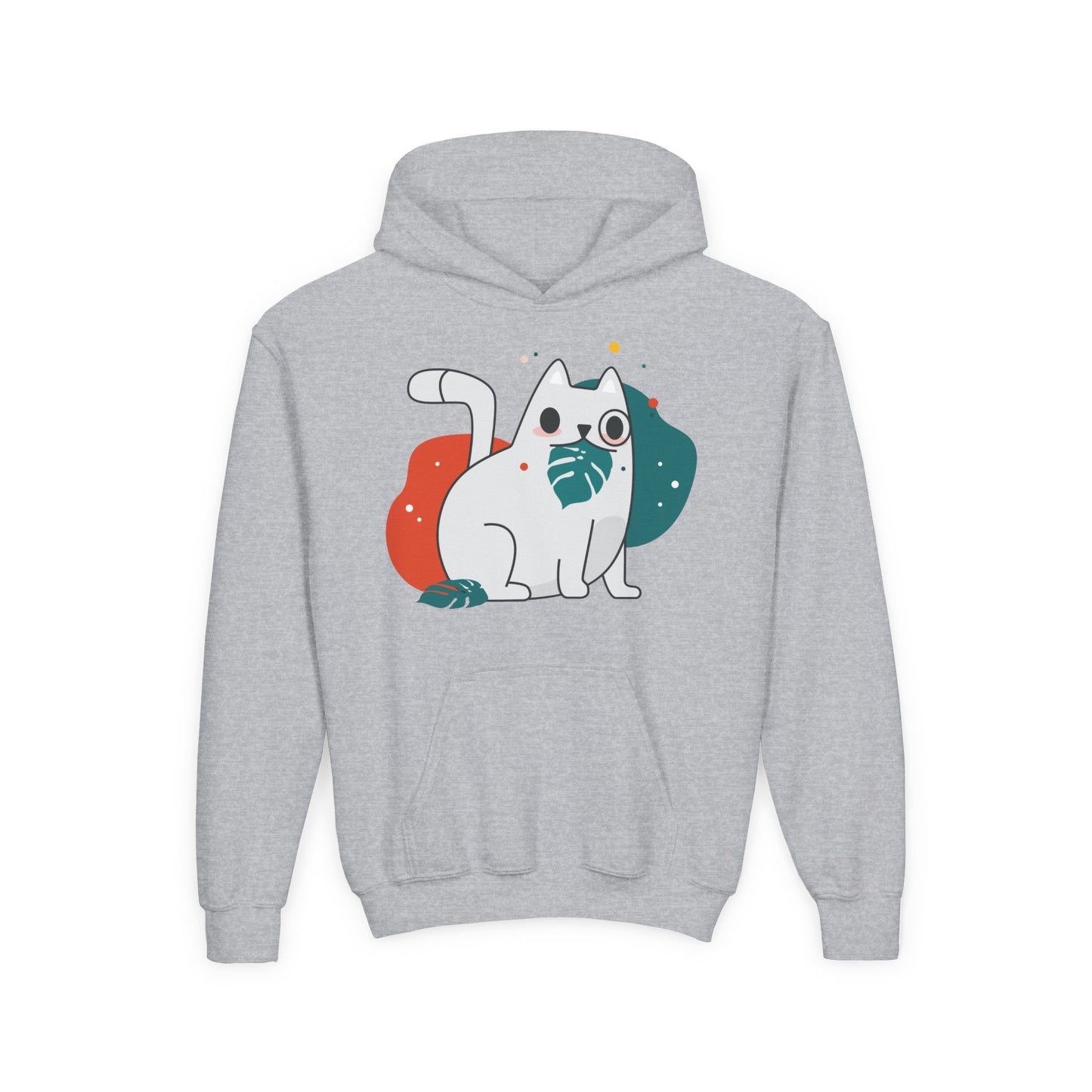 Kids Cute Cat Hoodie — Playful White Cat with Yarn Graphic