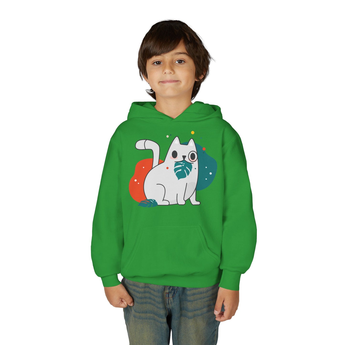 Kids Cute Cat Hoodie — Playful White Cat with Yarn Graphic