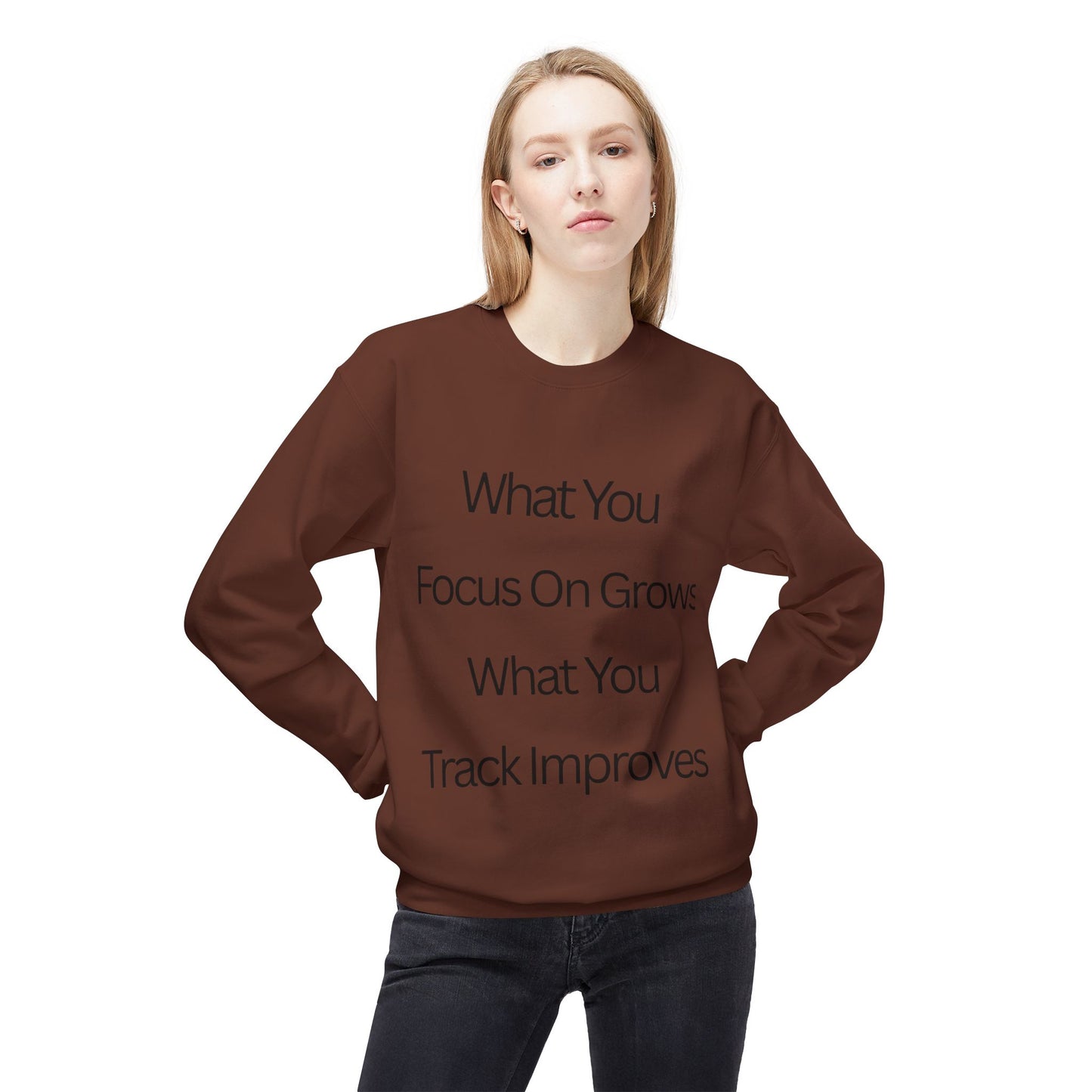 Faith- Crewneck Sweatshirt — “What You Focus On Grows, What You Track Improves” Motivational Crewneck