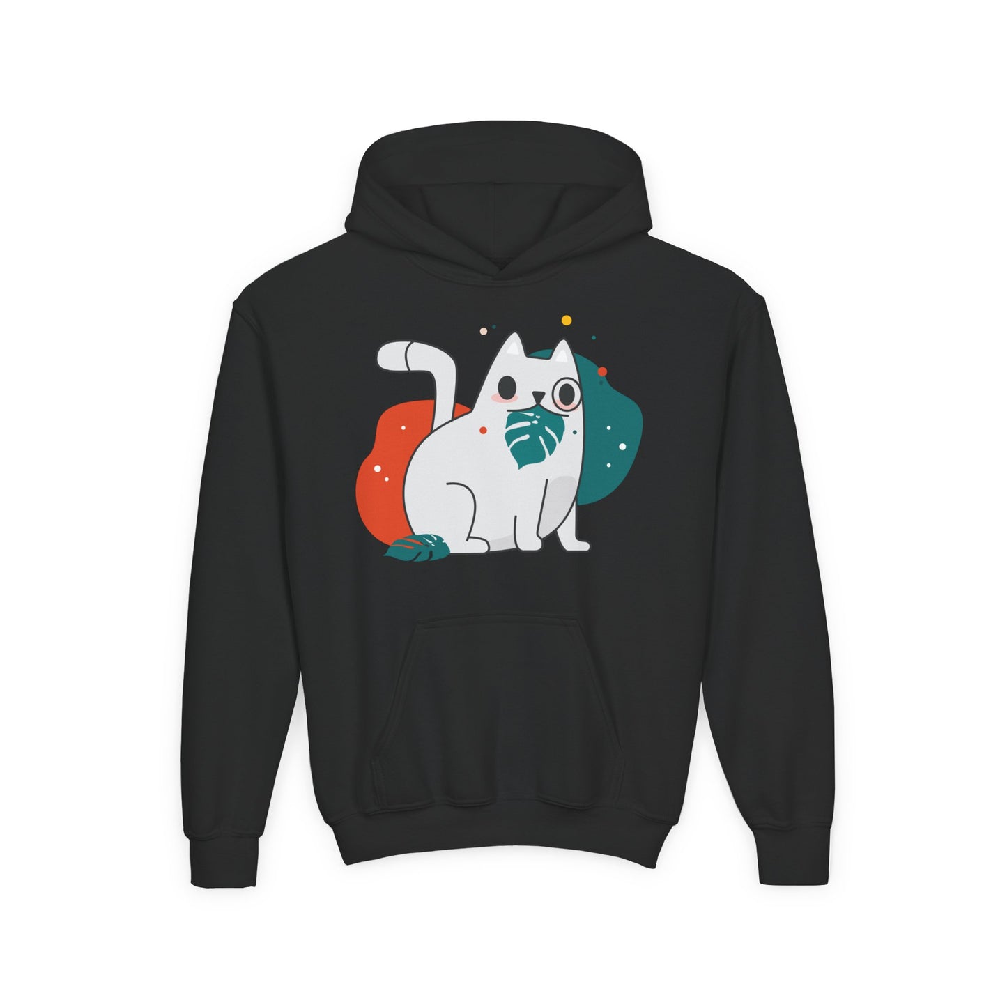 Kids Cute Cat Hoodie — Playful White Cat with Yarn Graphic