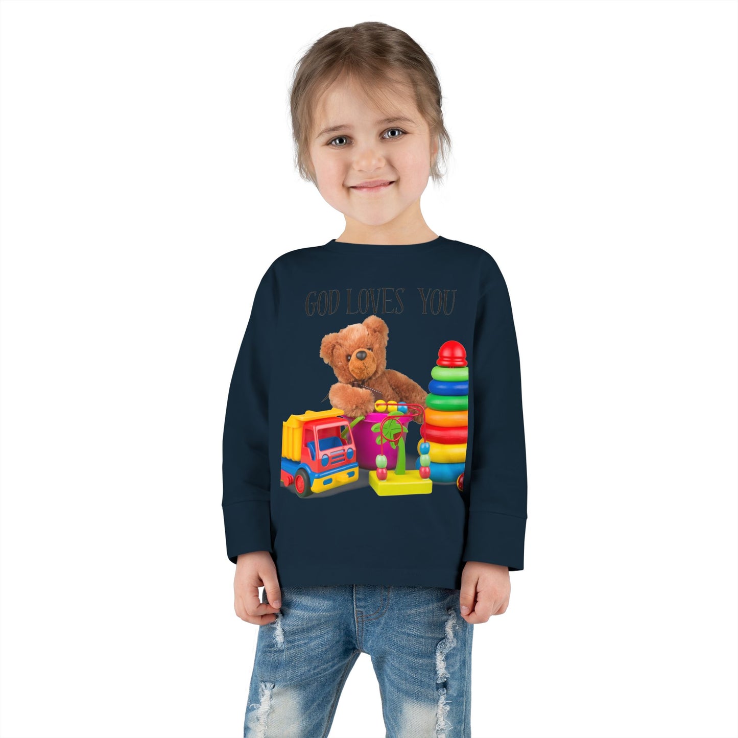 Toddler Long Sleeve Tee — Cute Toy Bear & Blocks Print