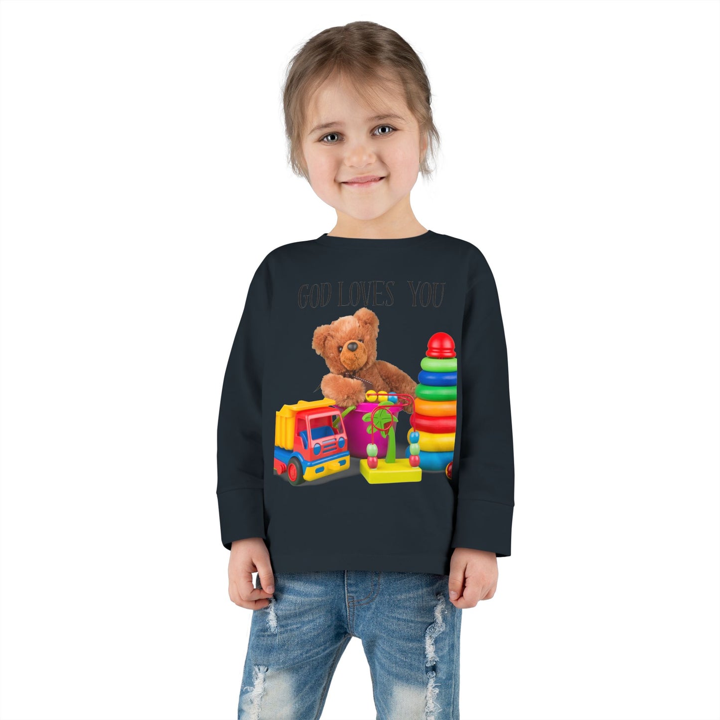 Toddler Long Sleeve Tee — Cute Toy Bear & Blocks Print