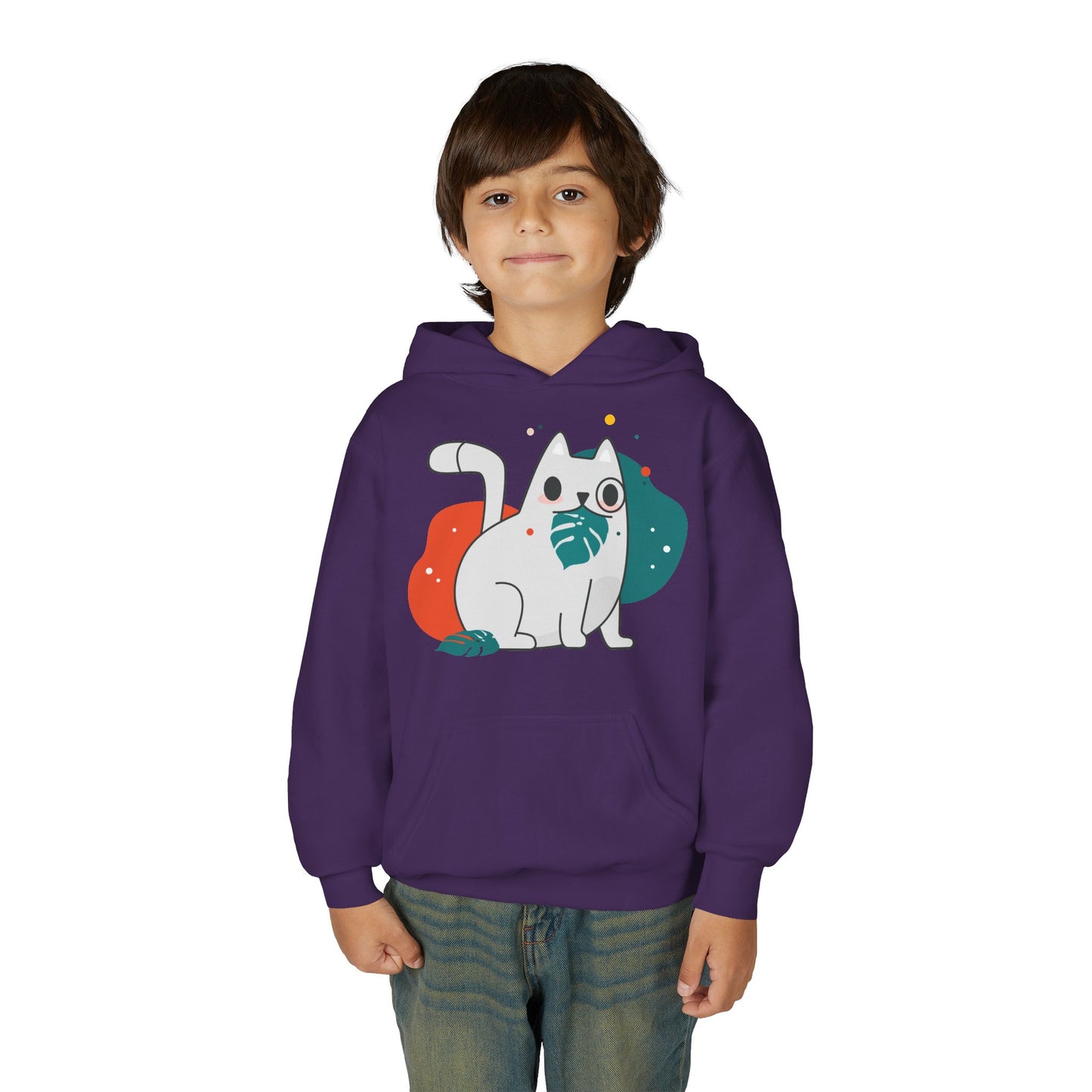 Kids Cute Cat Hoodie — Playful White Cat with Yarn Graphic