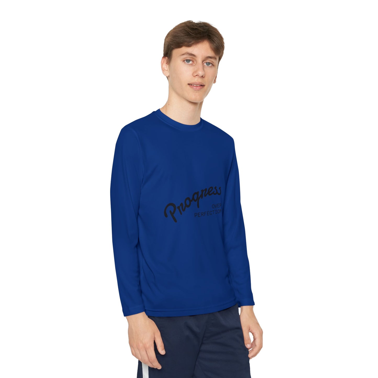 Youth Long Sleeve Tee — "Progress Over Perfection" Motivational Shirt