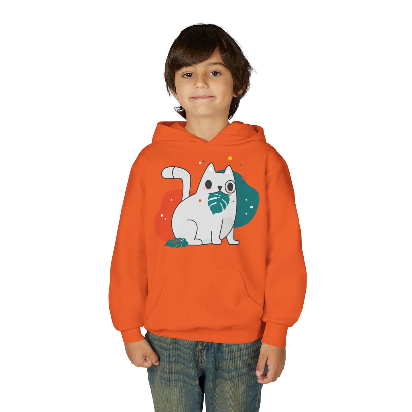 Kids Cute Cat Hoodie — Playful White Cat with Yarn Graphic