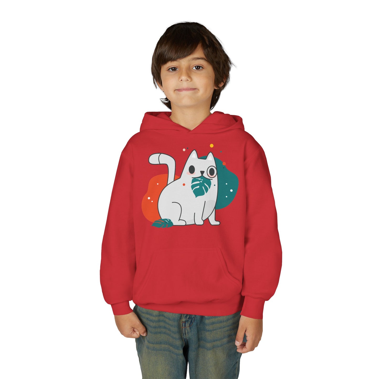 Kids Cute Cat Hoodie — Playful White Cat with Yarn Graphic