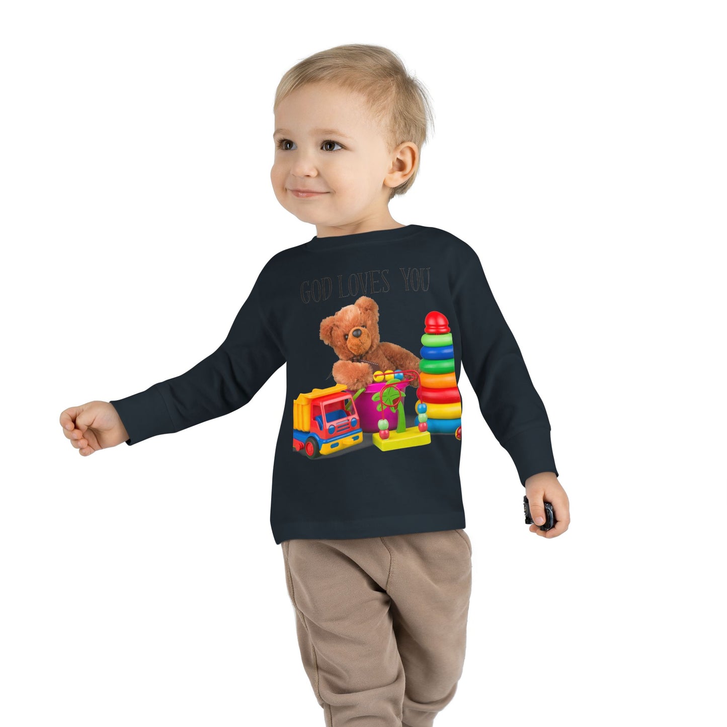 Toddler Long Sleeve Tee — Cute Toy Bear & Blocks Print
