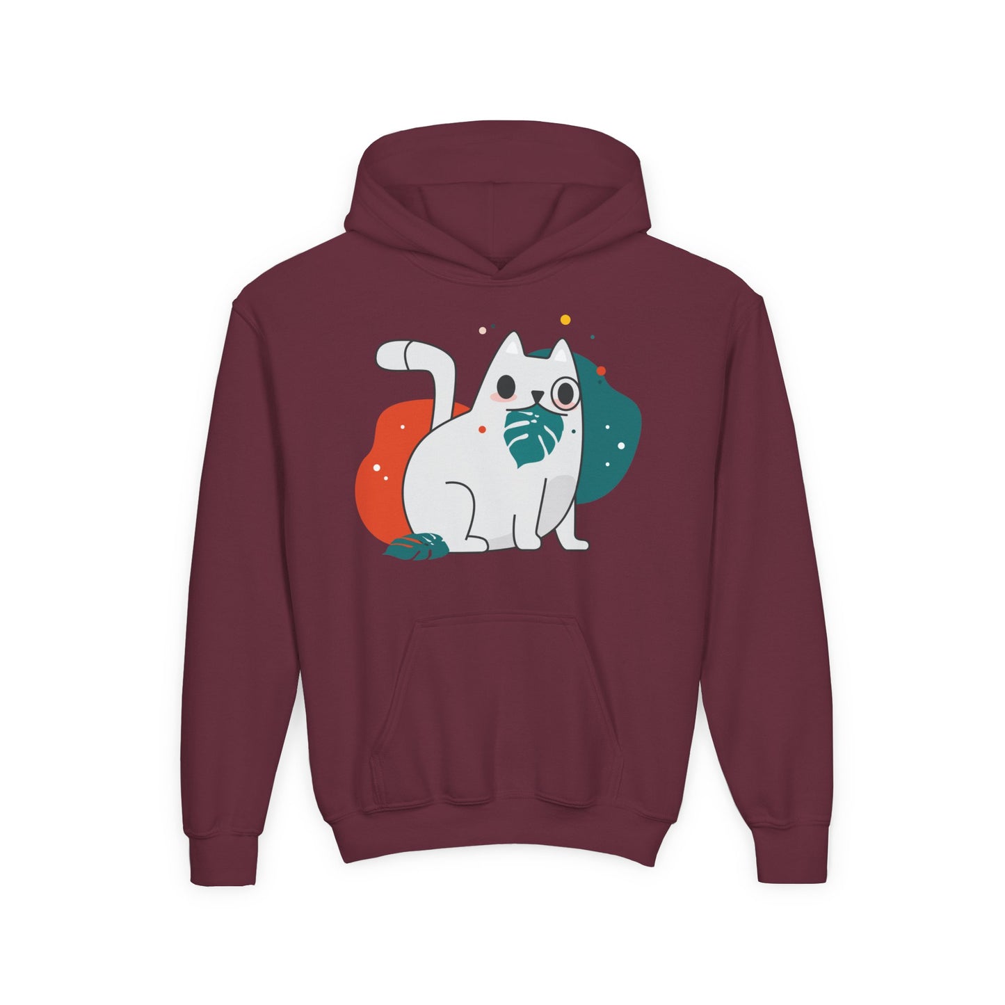 Kids Cute Cat Hoodie — Playful White Cat with Yarn Graphic
