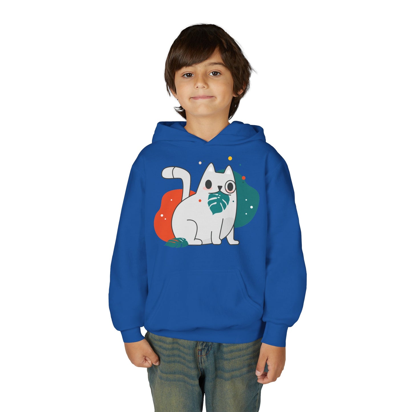 Kids Cute Cat Hoodie — Playful White Cat with Yarn Graphic